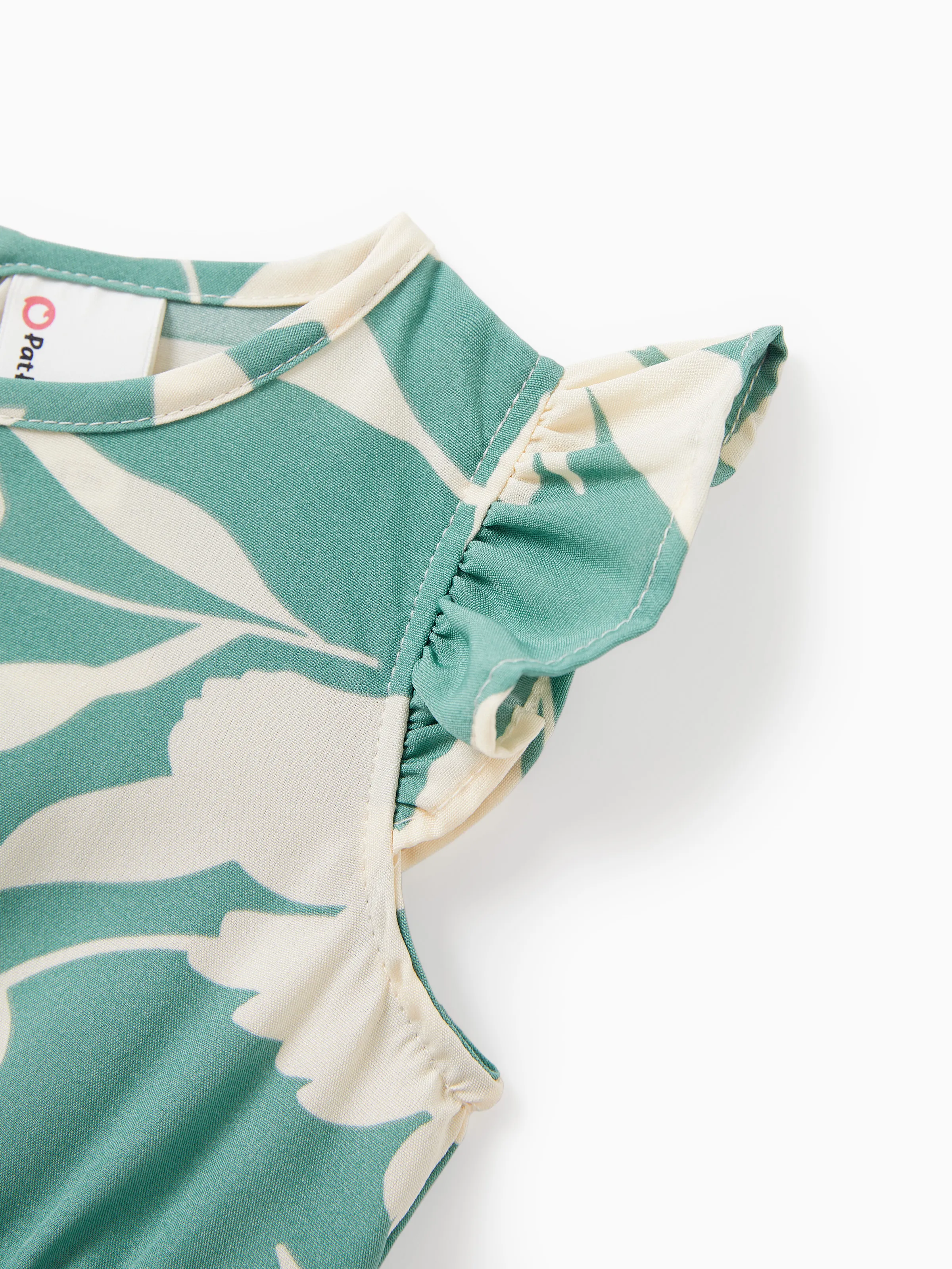 Family Matching Leaf Print Green Short-sleeve Shirt or Sling Shirred Dress Set Green - Image 15