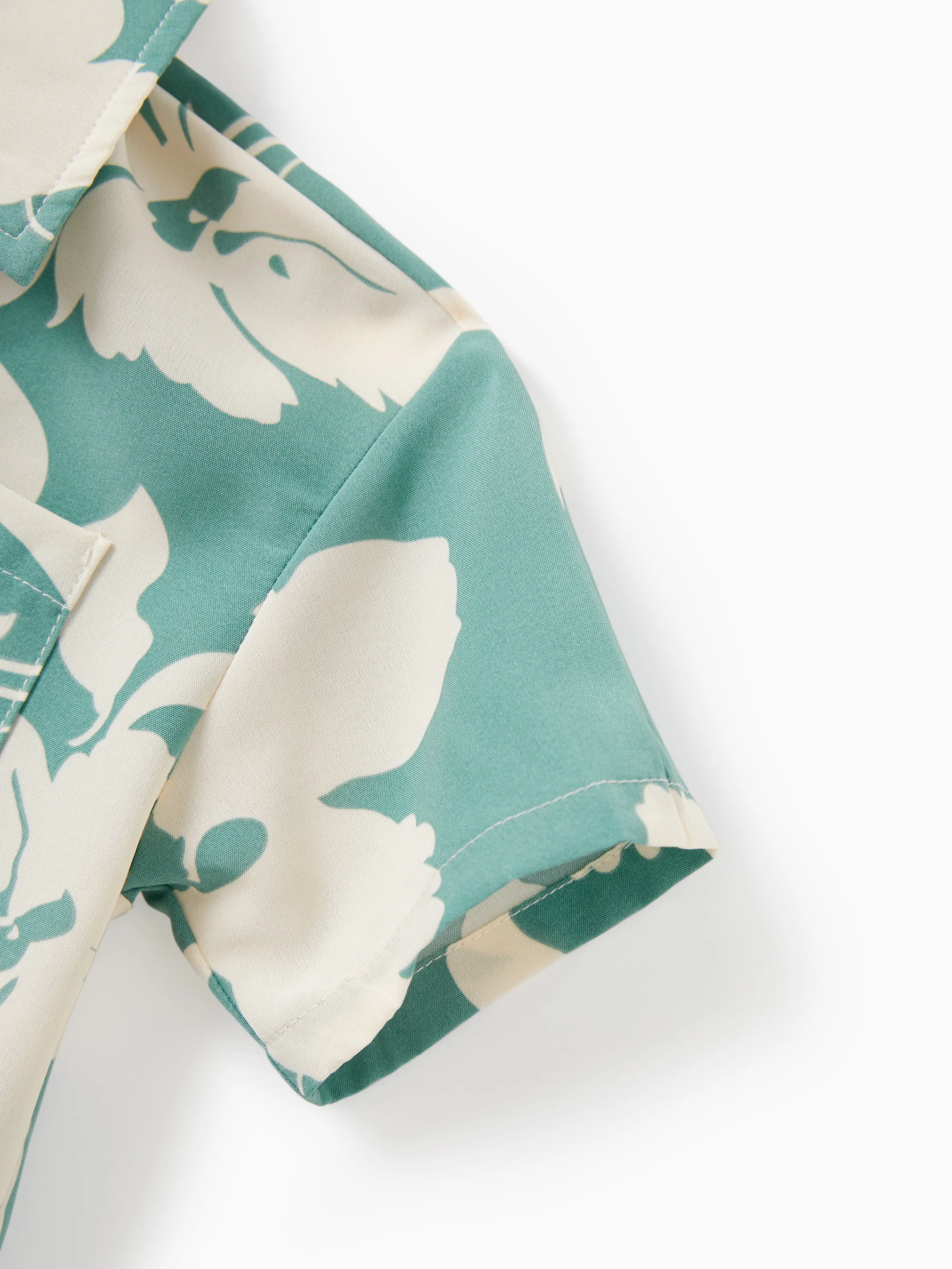 Family Matching Leaf Print Green Short-sleeve Shirt or Sling Shirred Dress Set Green - Image 19