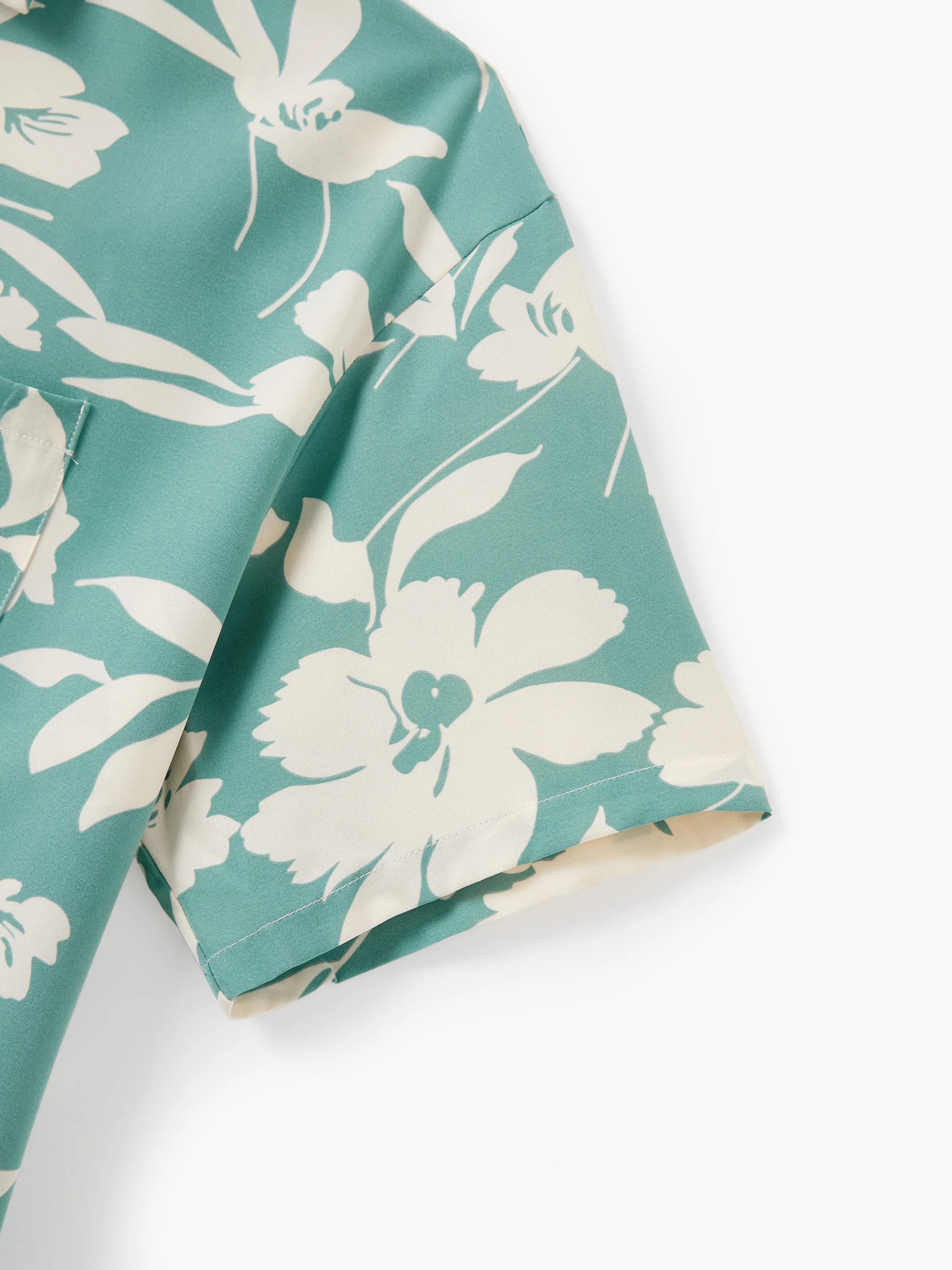 Family Matching Leaf Print Green Short-sleeve Shirt or Sling Shirred Dress Set Green - Image 24