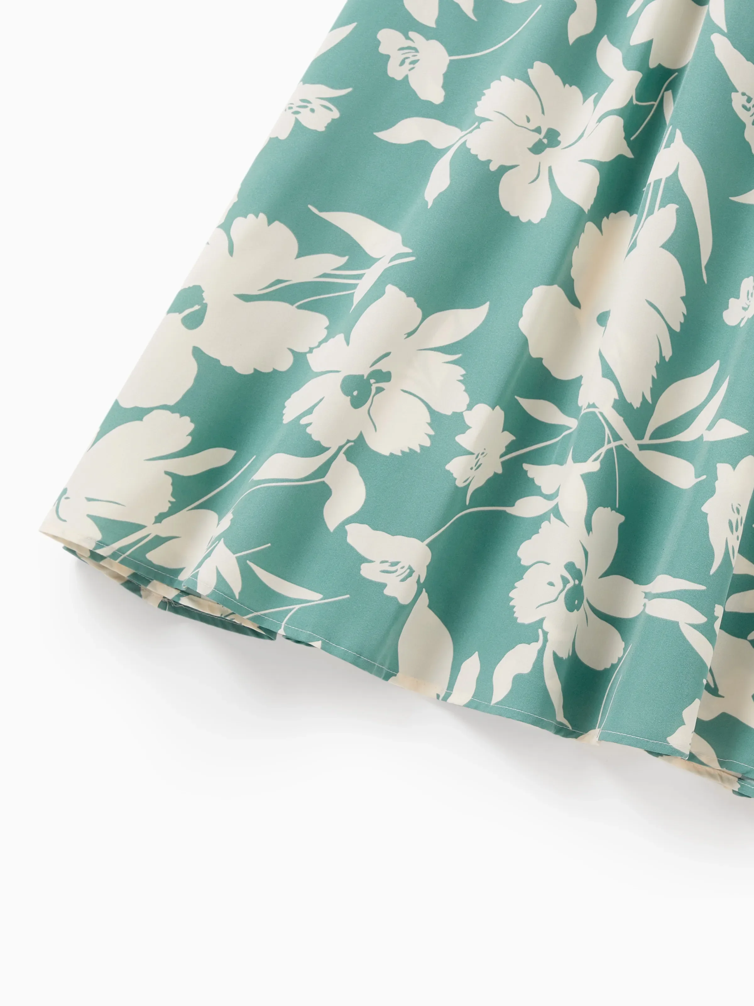 Family Matching Leaf Print Green Short-sleeve Shirt or Sling Shirred Dress Set Green - Image 4