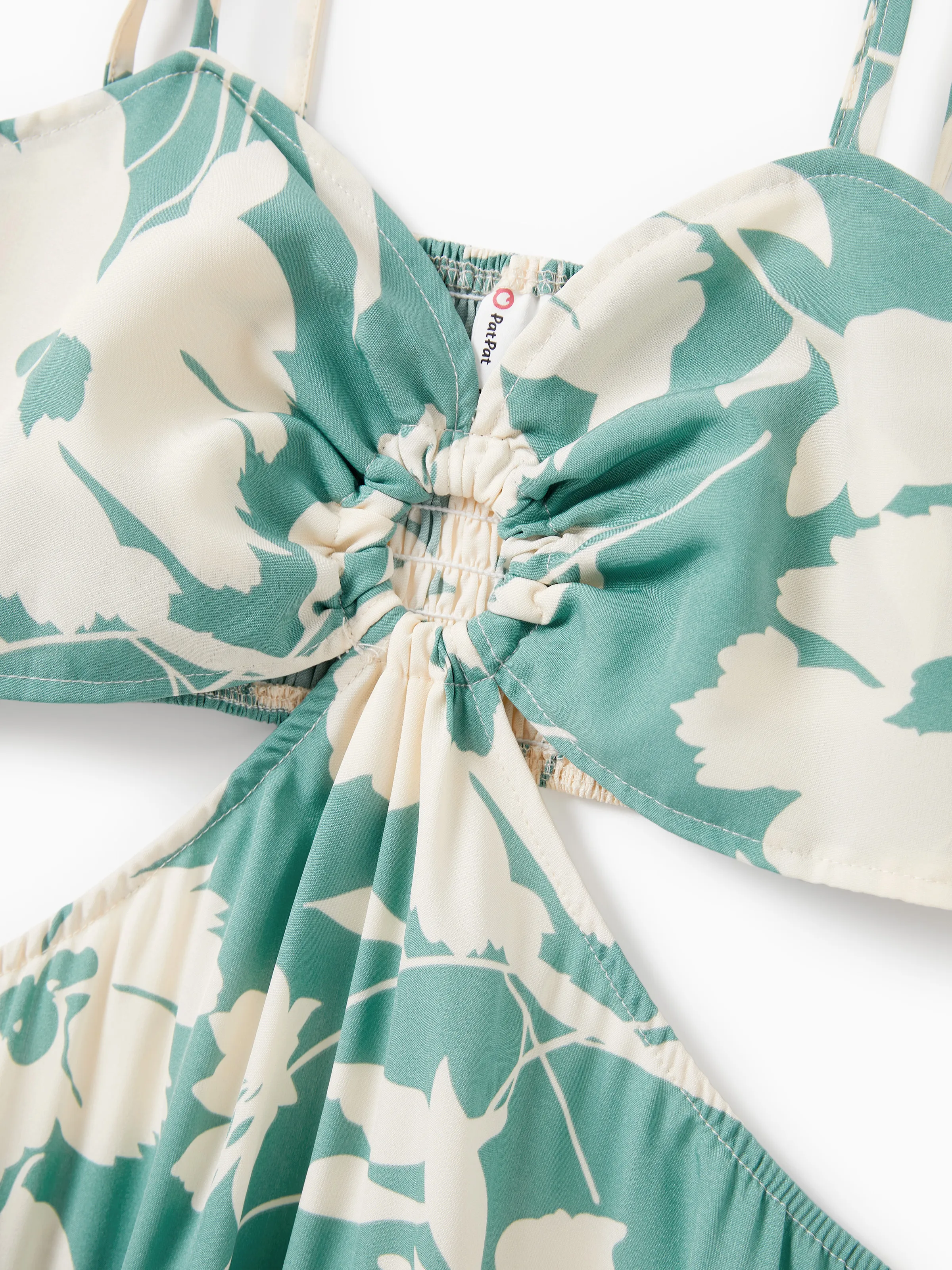 Family Matching Leaf Print Green Short-sleeve Shirt or Sling Shirred Dress Set Green - Image 6