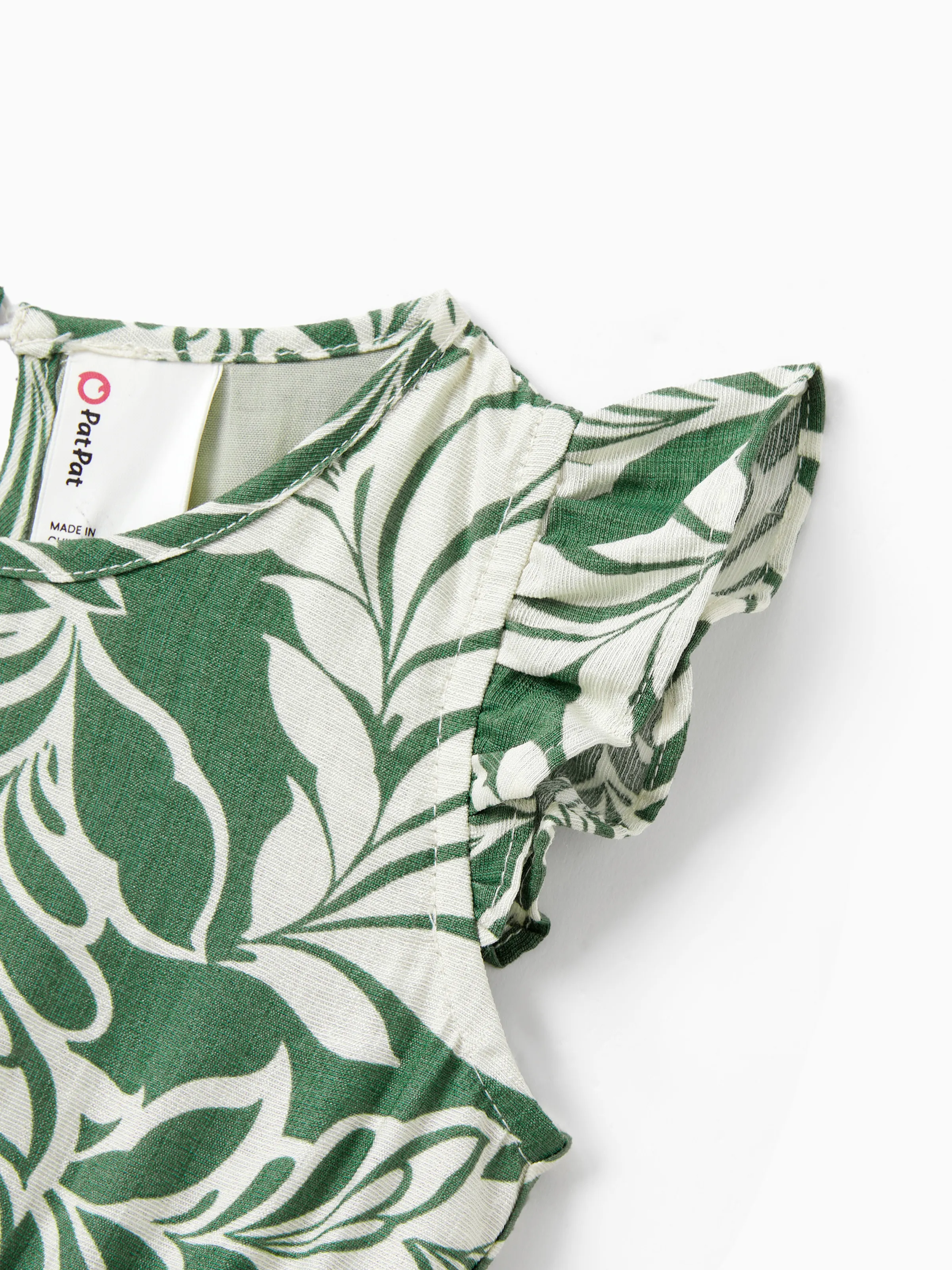 Family Matching Leaf Print Short-sleeve Shirt or Halter Dress Green Set Green - Image 15