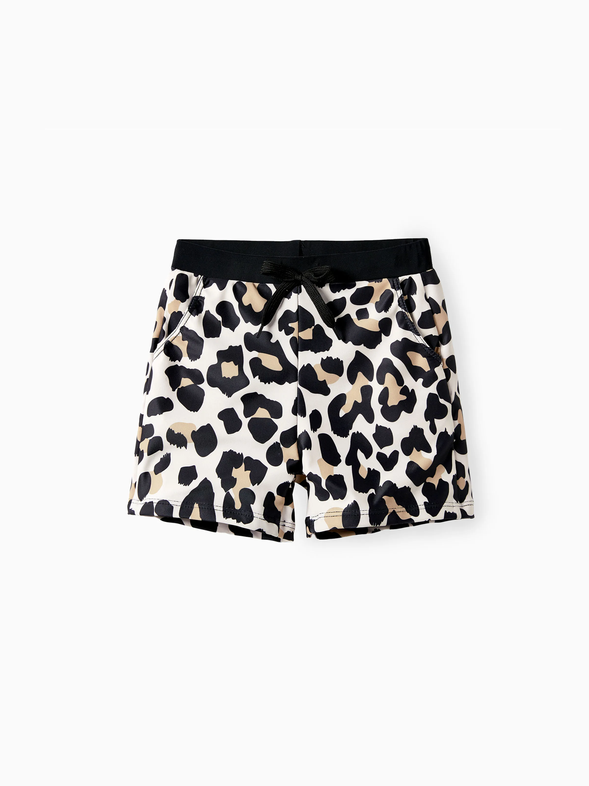 Family Matching Leopard Pattern Drawstring Swim Trunks or Ruffle Neck Two-Piece Bikini with Optional Cover Up Sarong Skirt Black - Image 12