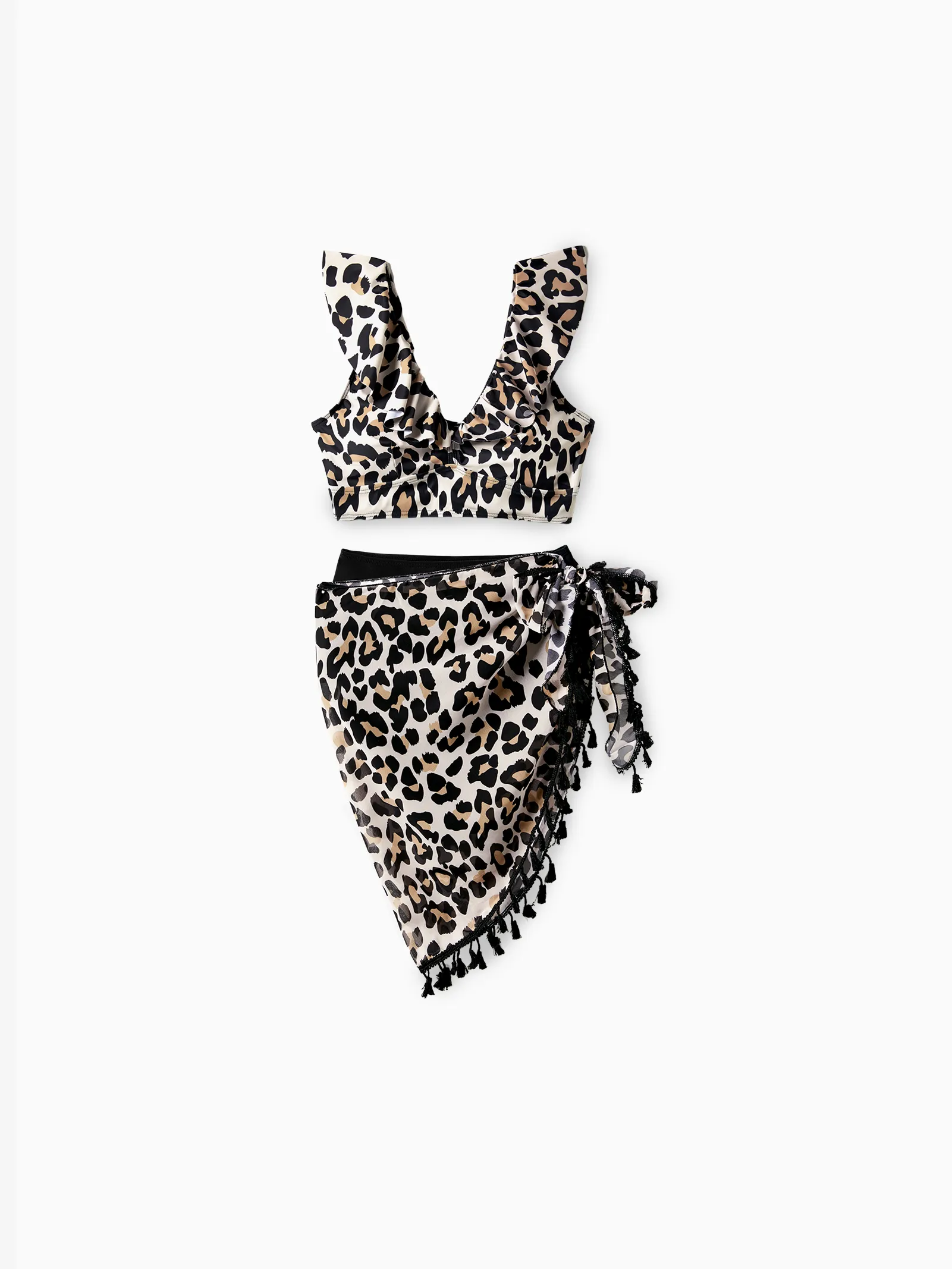Family Matching Leopard Pattern Drawstring Swim Trunks or Ruffle Neck Two-Piece Bikini with Optional Cover Up Sarong Skirt Black - Image 2
