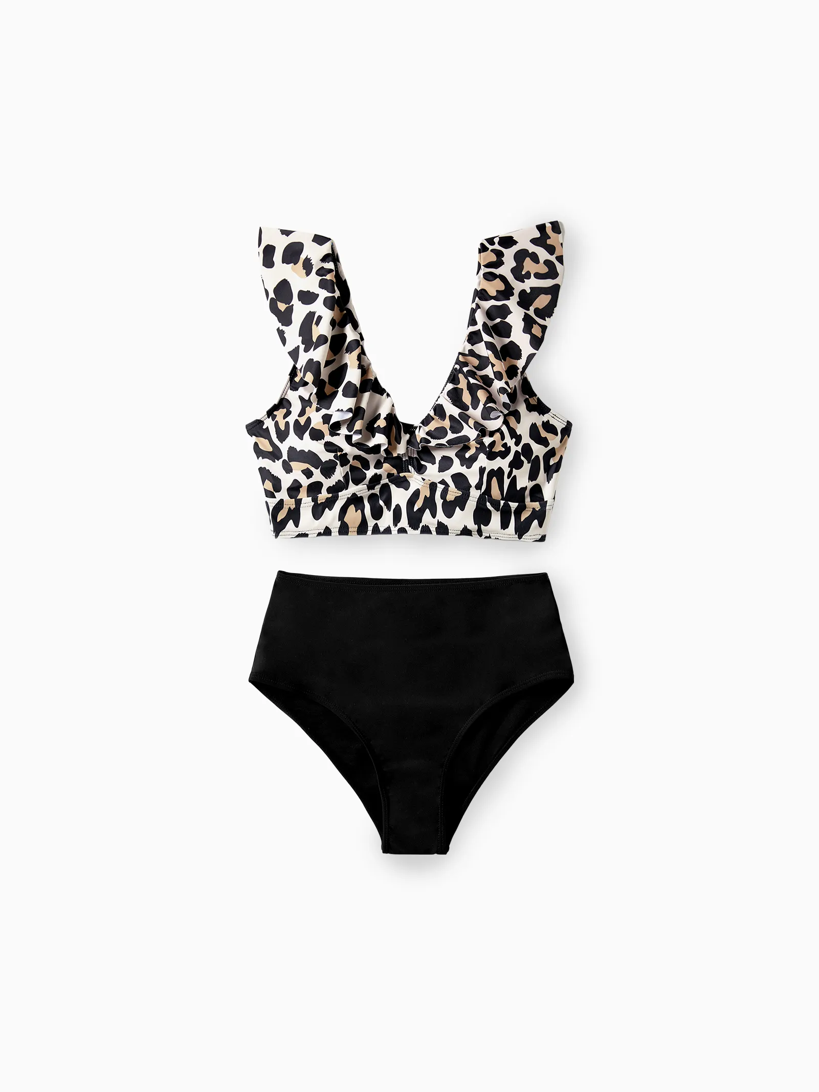 Family Matching Leopard Pattern Drawstring Swim Trunks or Ruffle Neck Two-Piece Bikini with Optional Cover Up Sarong Skirt Black - Image 4