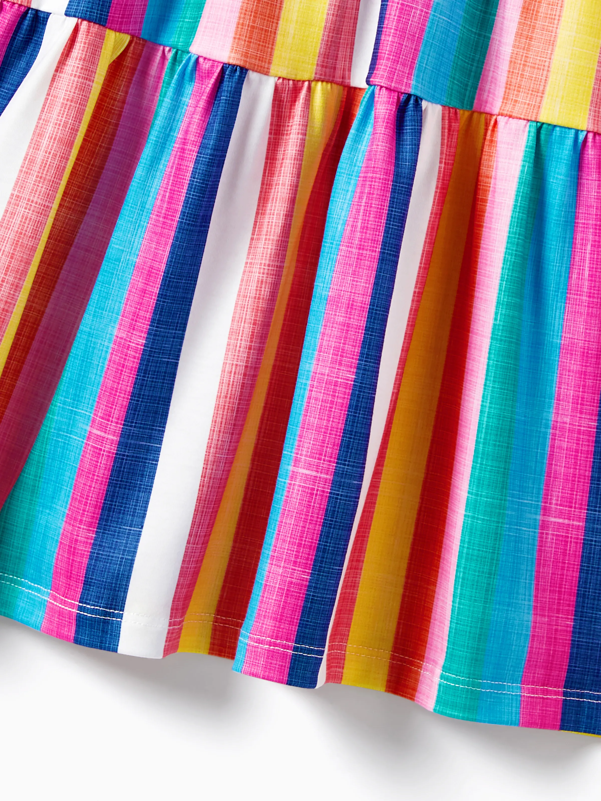 Family Matching Multi-Color Stripe T-shirt and Ruffle Hem Button Strap Dress Sets COLOREDSTRIPES - Image 11