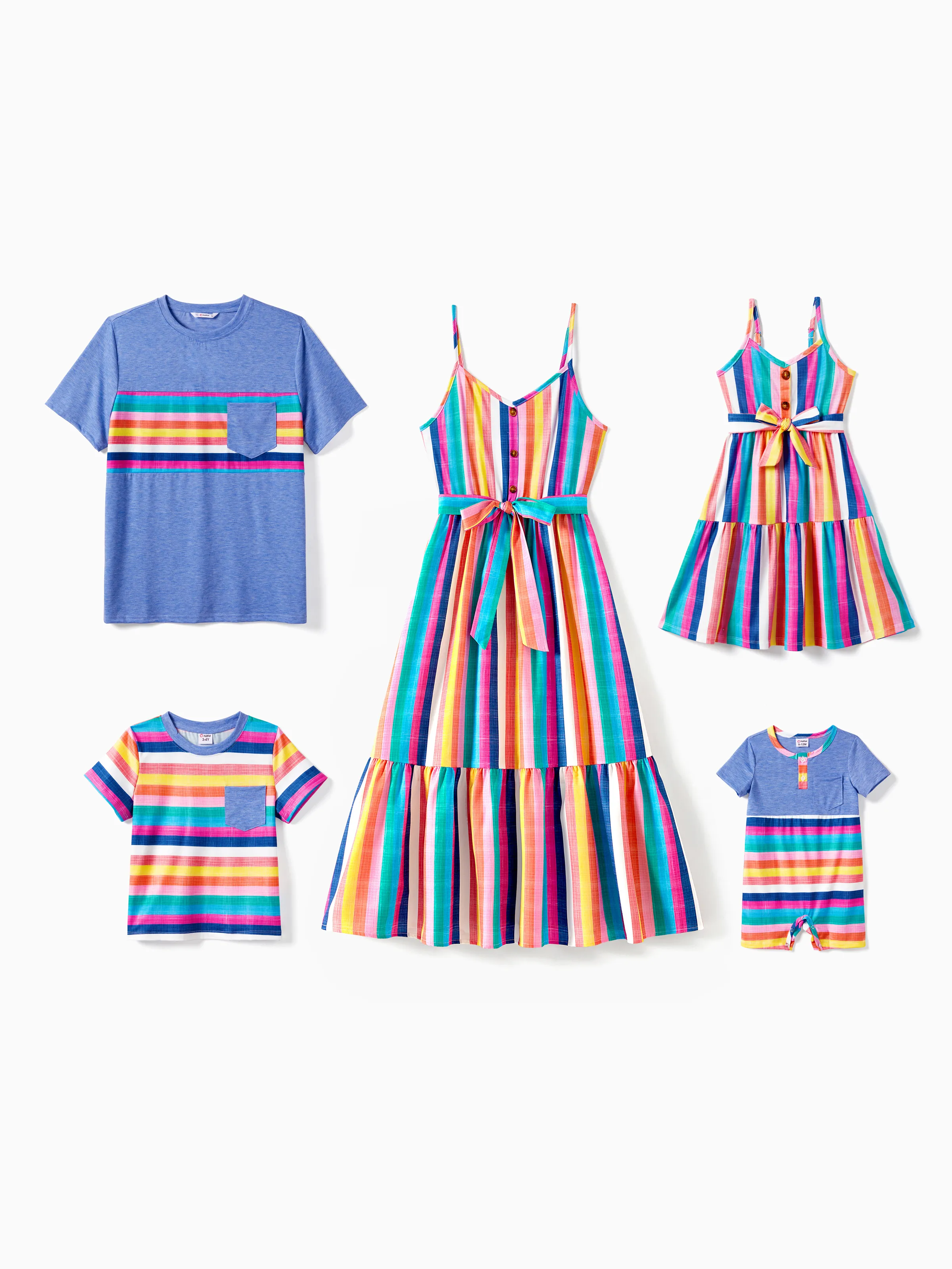 Family Matching Multi-Color Stripe T-shirt and Ruffle Hem Button Strap Dress Sets COLOREDSTRIPES - Image 2
