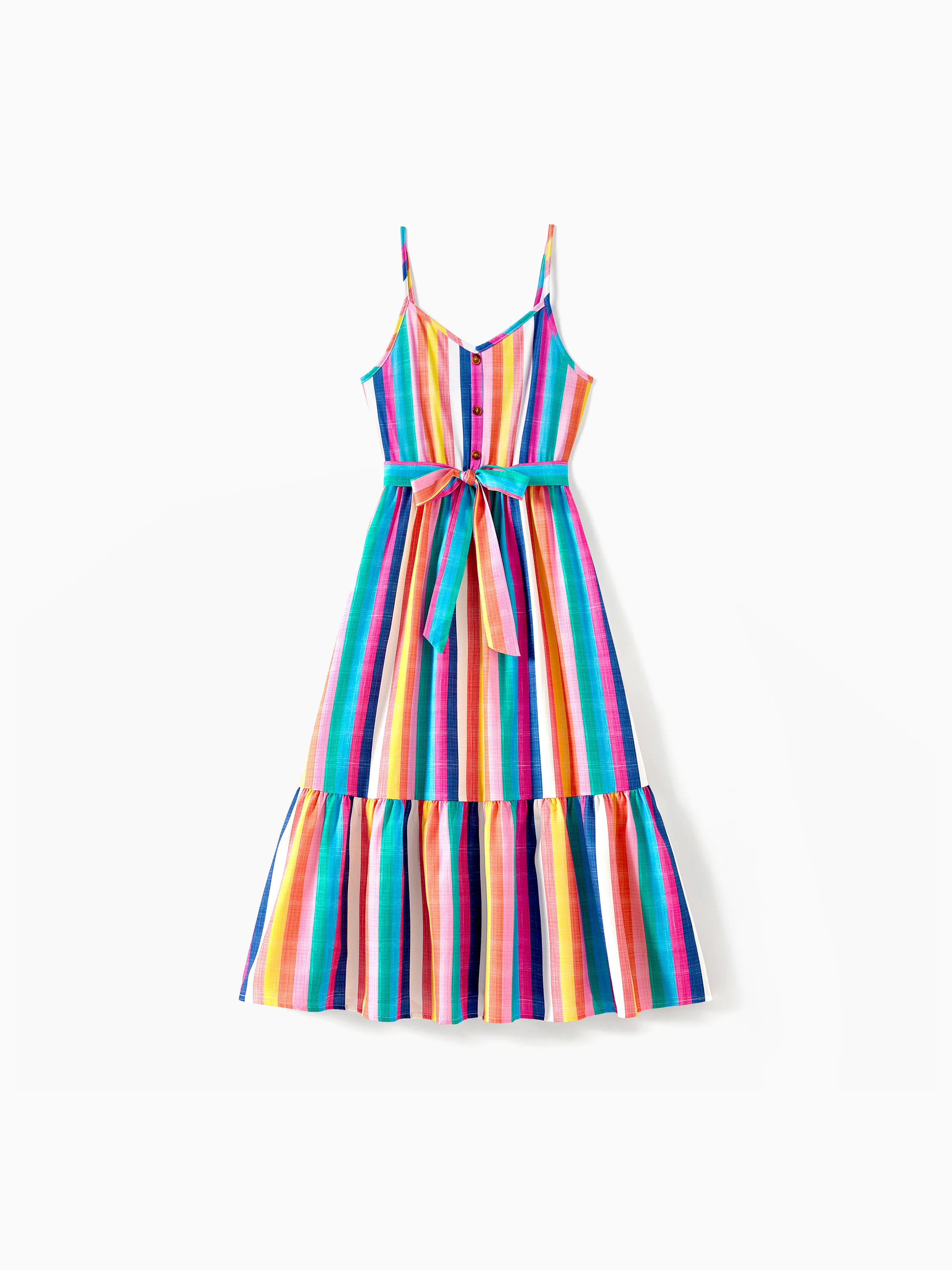 Family Matching Multi-Color Stripe T-shirt and Ruffle Hem Button Strap Dress Sets COLOREDSTRIPES - Image 3