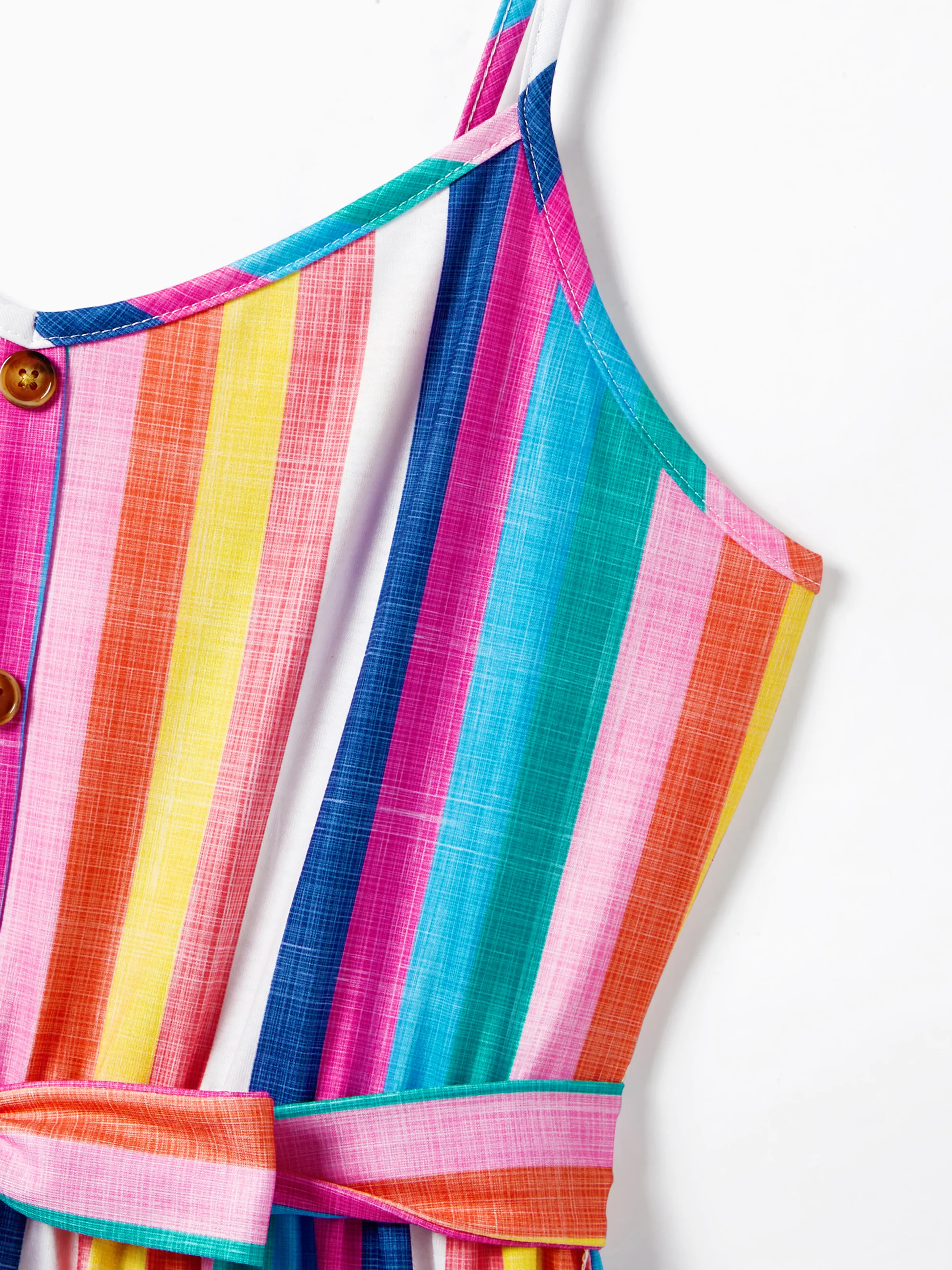 Family Matching Multi-Color Stripe T-shirt and Ruffle Hem Button Strap Dress Sets COLOREDSTRIPES - Image 4