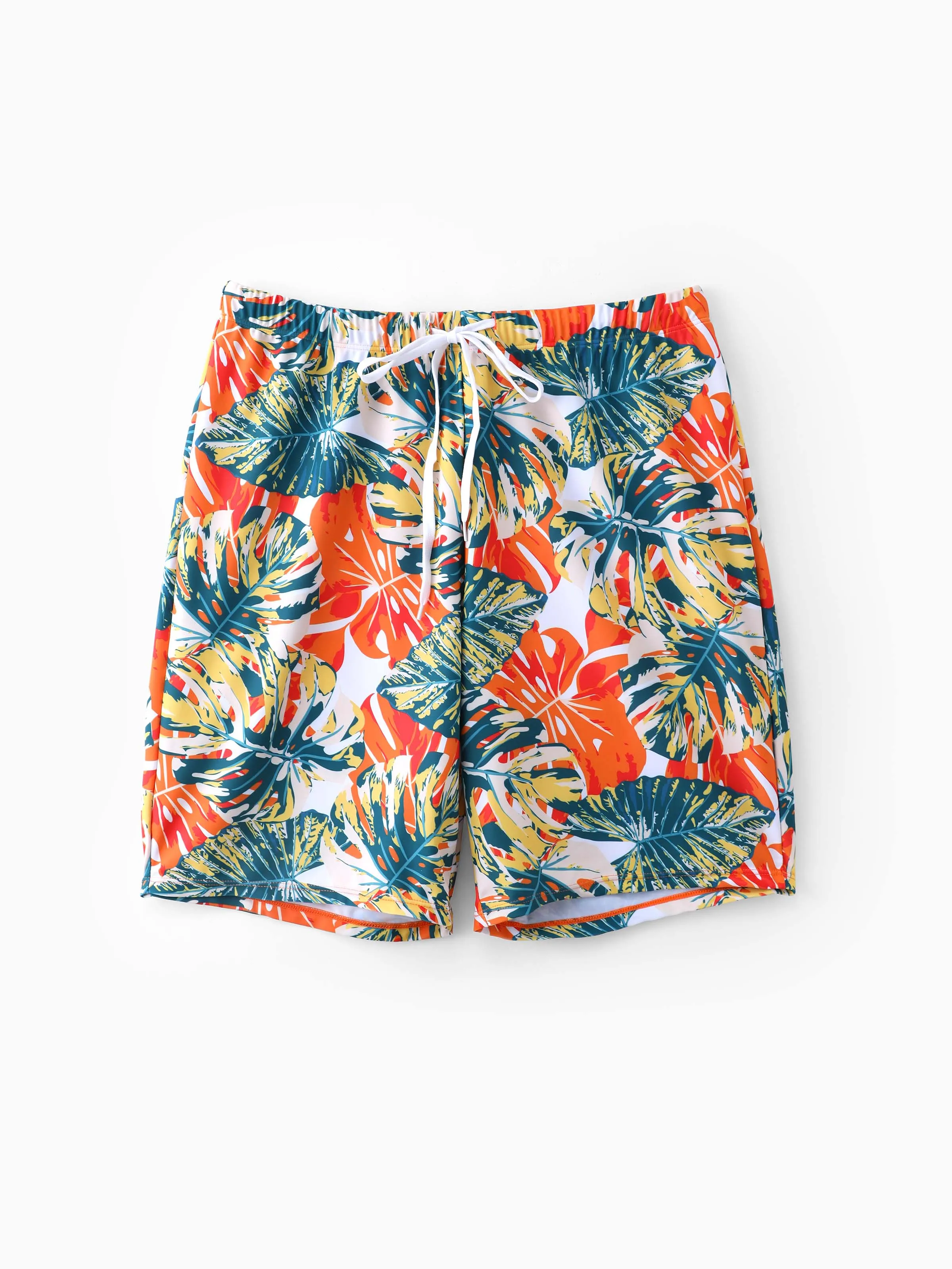 Family Matching Orange and All Over Tropical Plant Print Splicing Ruffle One-Piece Swimsuit and Swim Trunks Shorts Orange color - Image 16