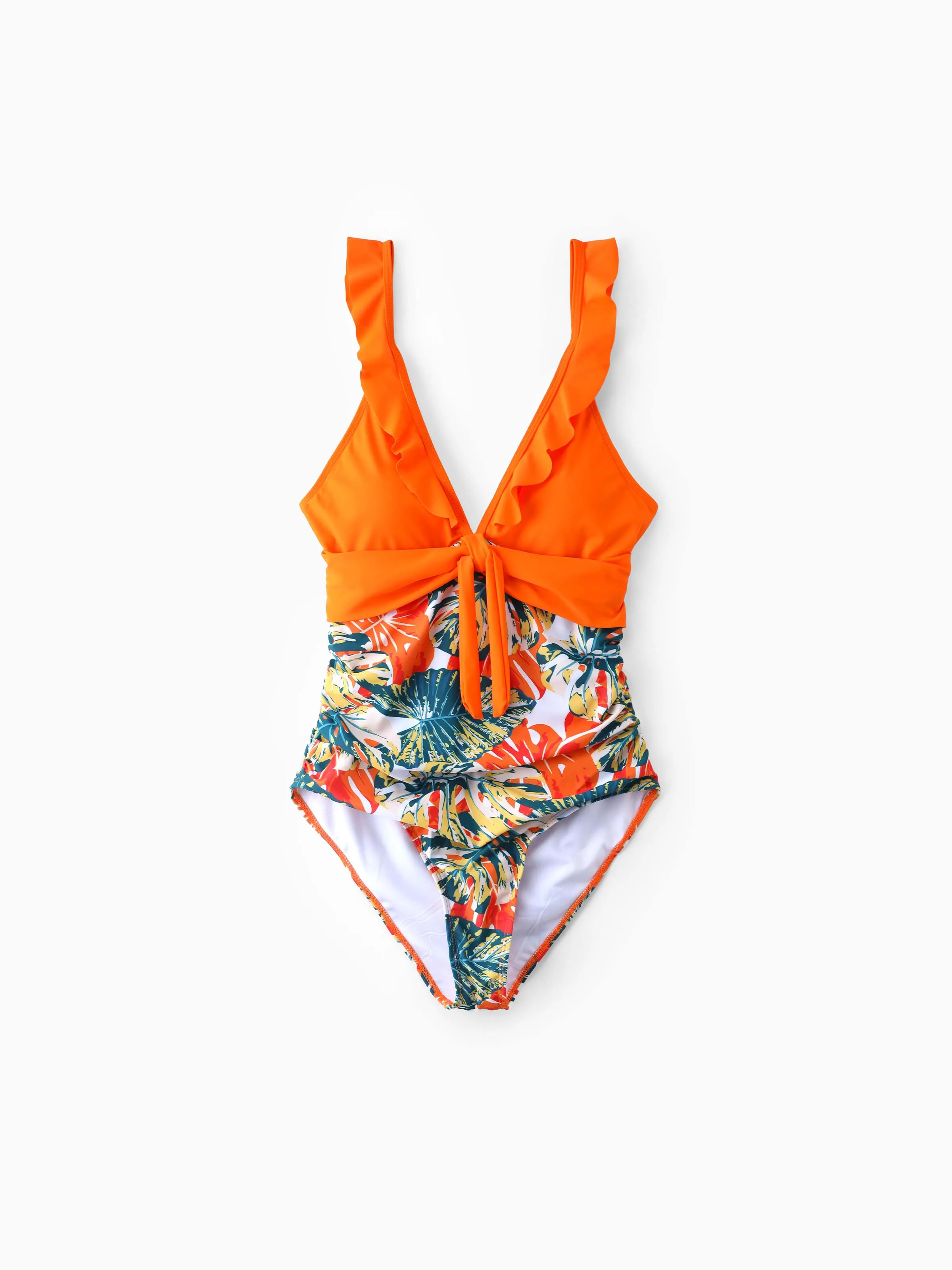 Family Matching Orange and All Over Tropical Plant Print Splicing Ruffle One-Piece Swimsuit and Swim Trunks Shorts Orange color - Image 2
