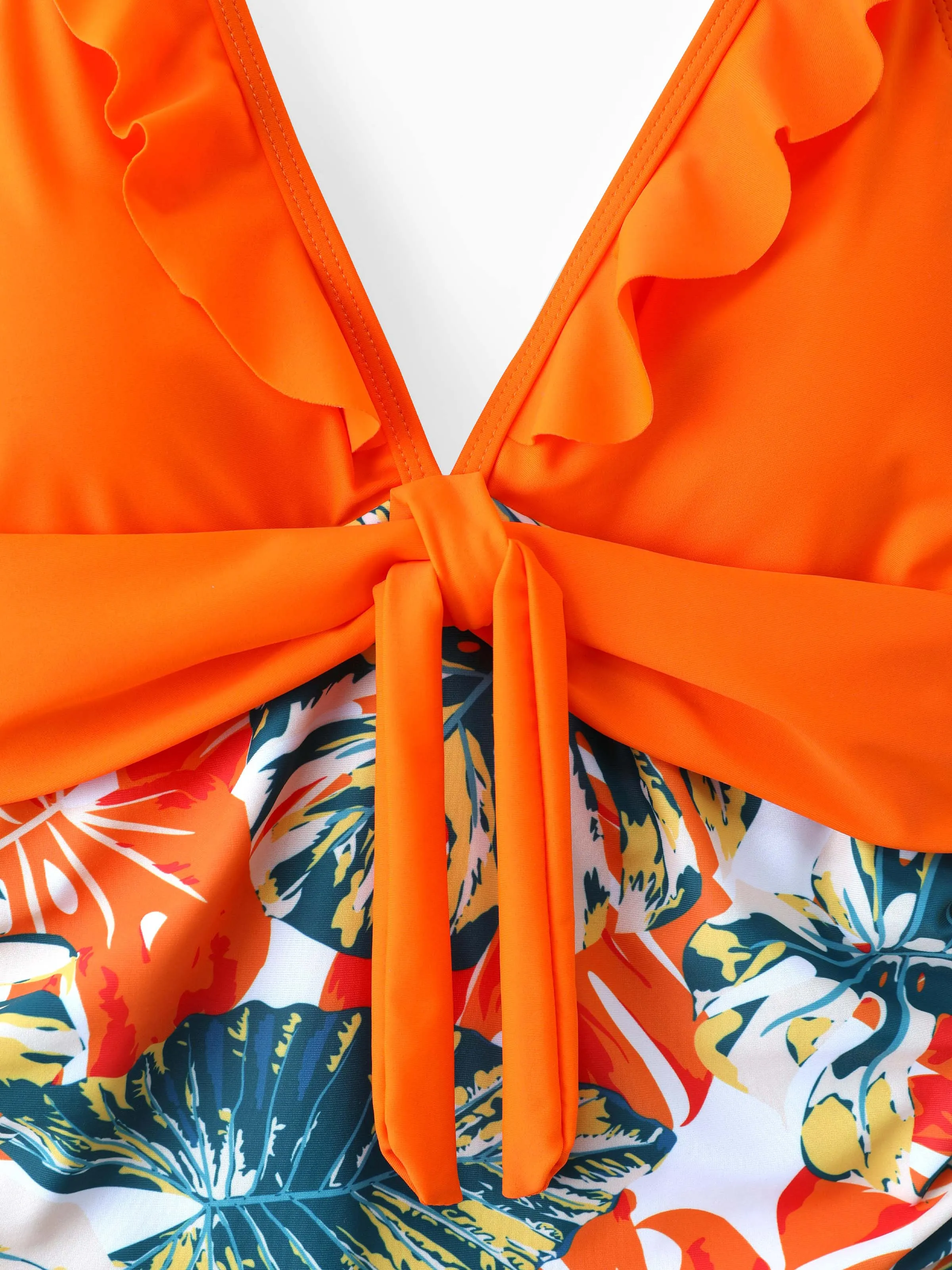 Family Matching Orange and All Over Tropical Plant Print Splicing Ruffle One-Piece Swimsuit and Swim Trunks Shorts Orange color - Image 5