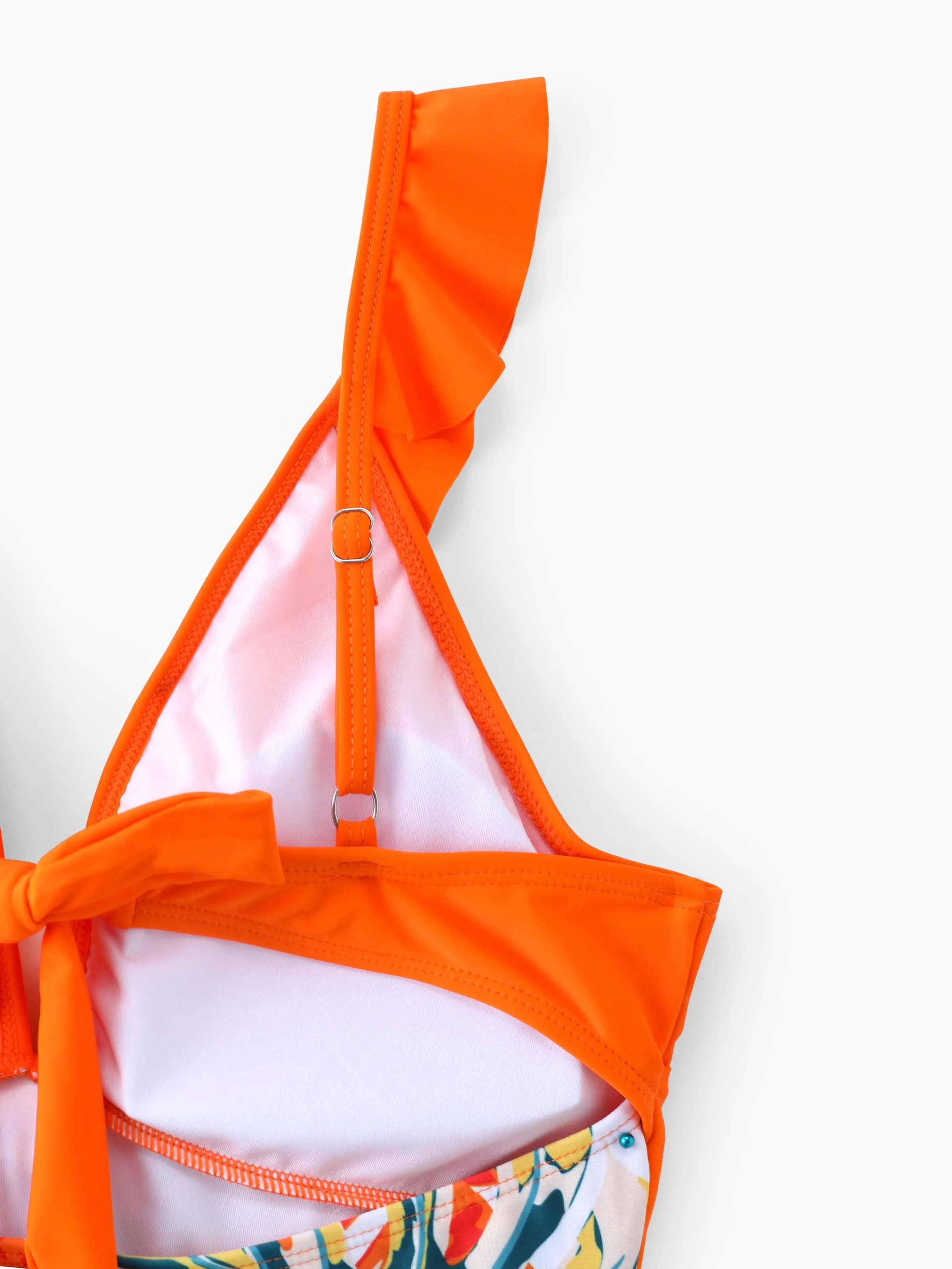Family Matching Orange and All Over Tropical Plant Print Splicing Ruffle One-Piece Swimsuit and Swim Trunks Shorts Orange color - Image 6