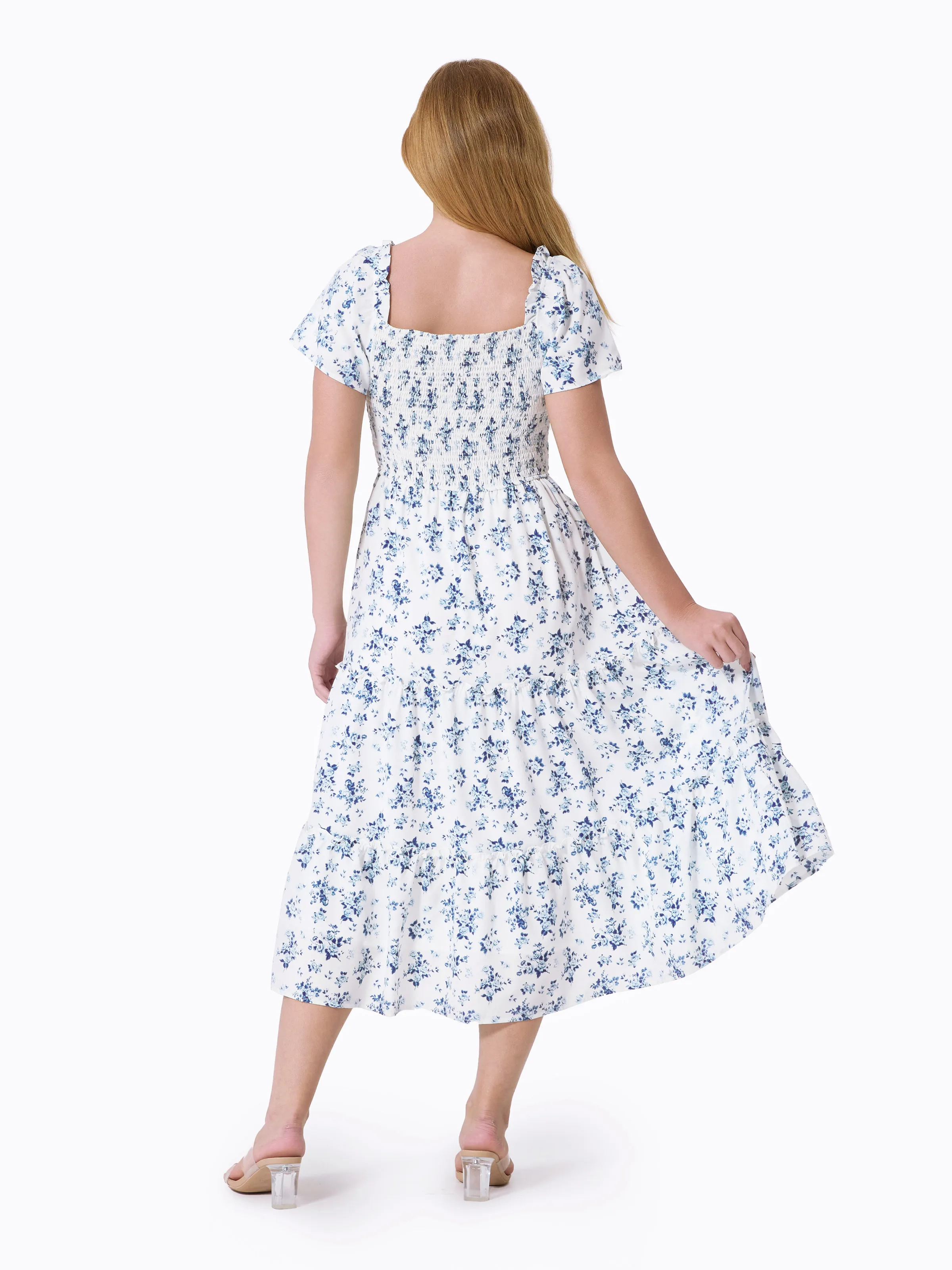 Family Matching Outfit: Floral Smocking Casual Suit BLUEWHITE - Image 4