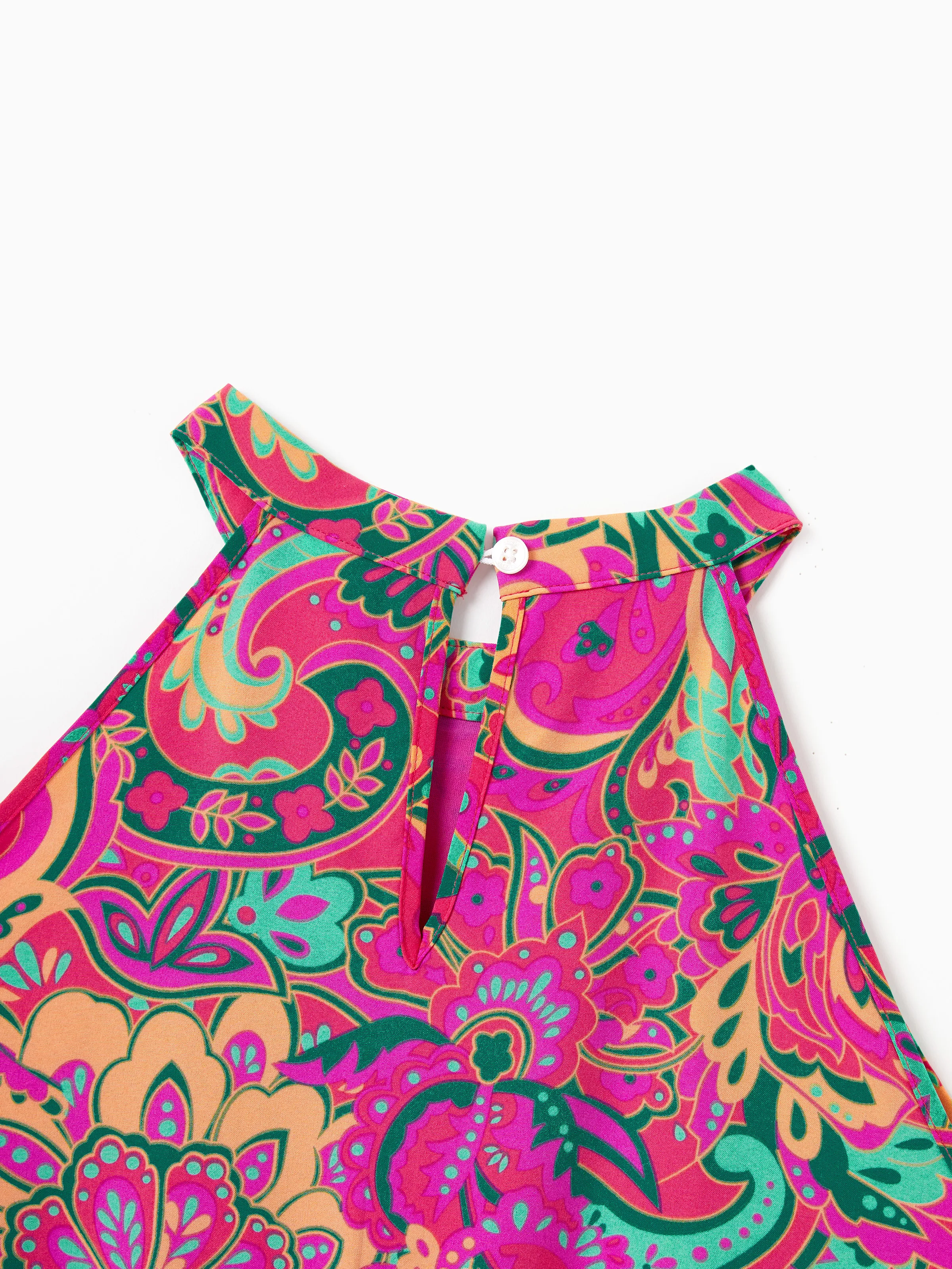 Family Matching Outfit Set Sleeveless Halter Belted Dress or Short-sleeve Collar Shirt   for Summer Vacation  Hot Pink - Image 5