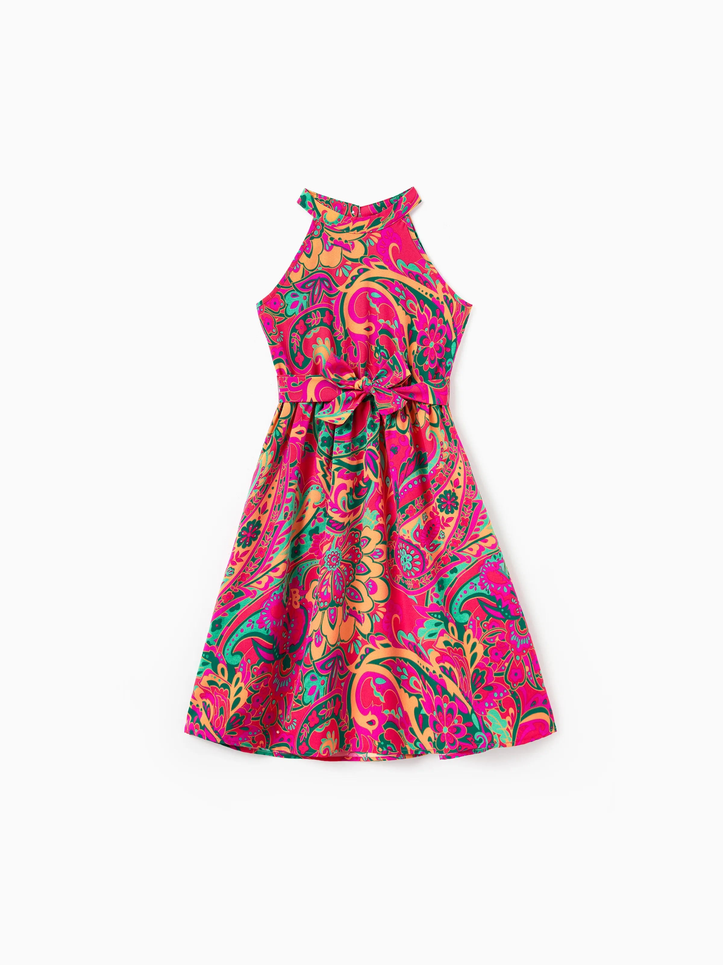 Family Matching Outfit Set Sleeveless Halter Belted Dress or Short-sleeve Collar Shirt   for Summer Vacation  Hot Pink - Image 7
