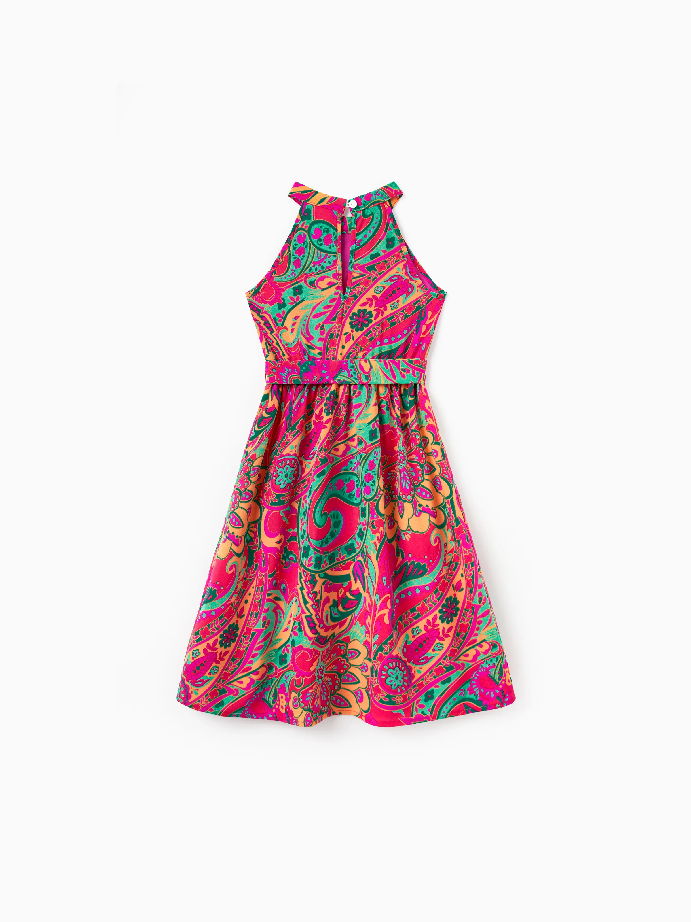 Family Matching Outfit Set Sleeveless Halter Belted Dress or Short-sleeve Collar Shirt   for Summer Vacation  Hot Pink - Image 8