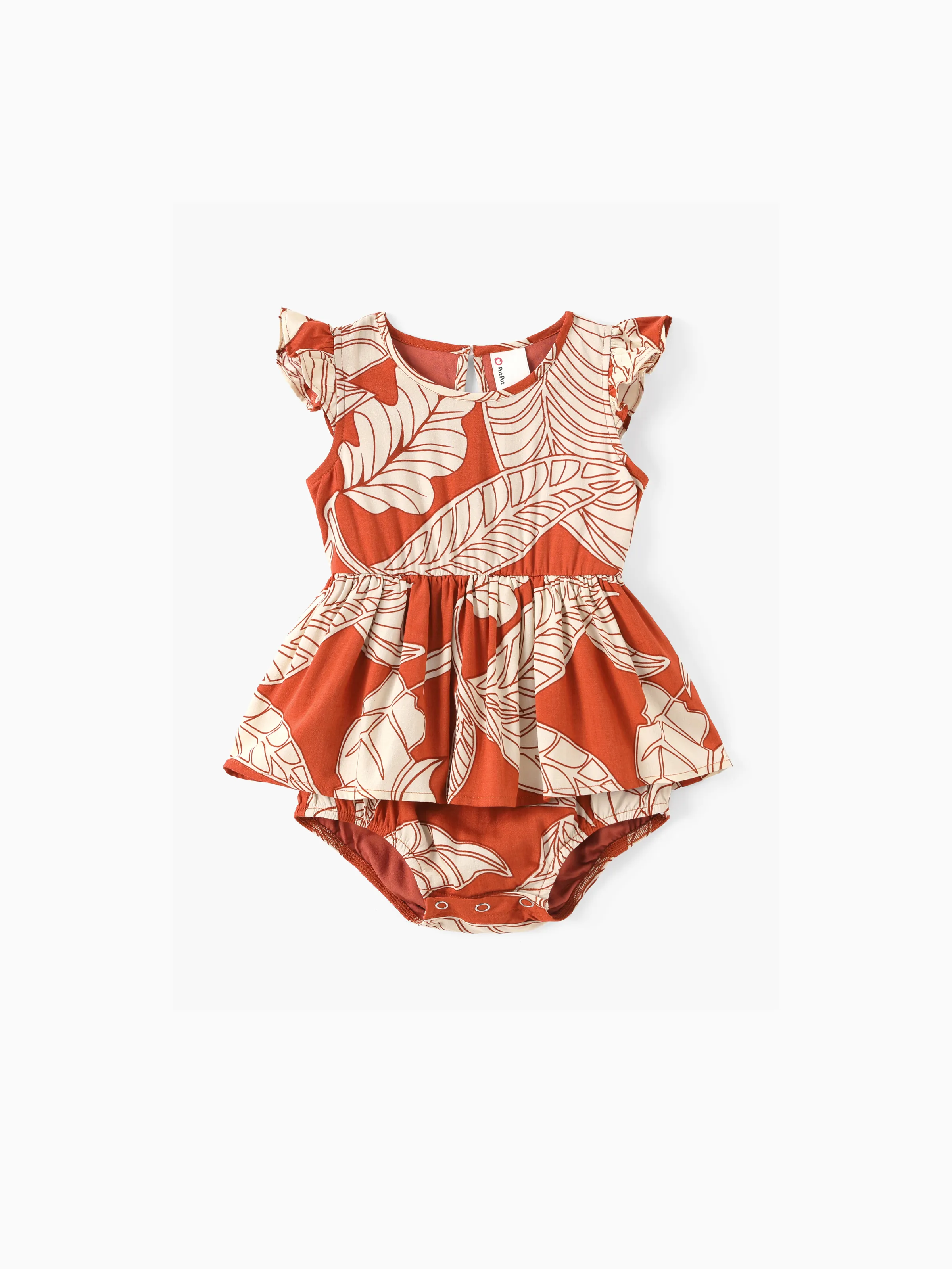 Family Matching Outfits Coral Leaf Print Halter Dress or Short-sleeve Shirt Set Summer Vacation Collection Red - Image 12