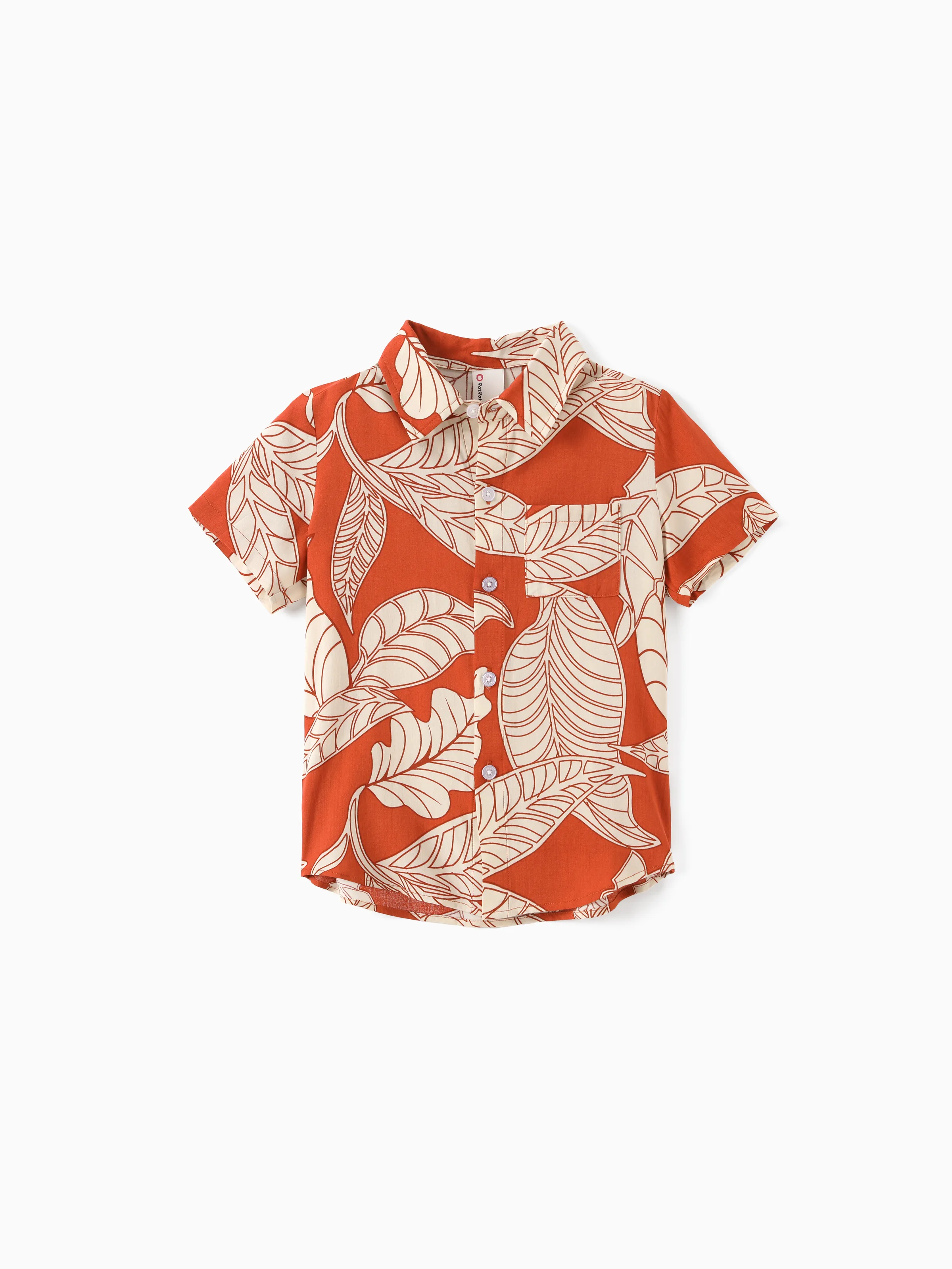 Family Matching Outfits Coral Leaf Print Halter Dress or Short-sleeve Shirt Set Summer Vacation Collection Red - Image 17