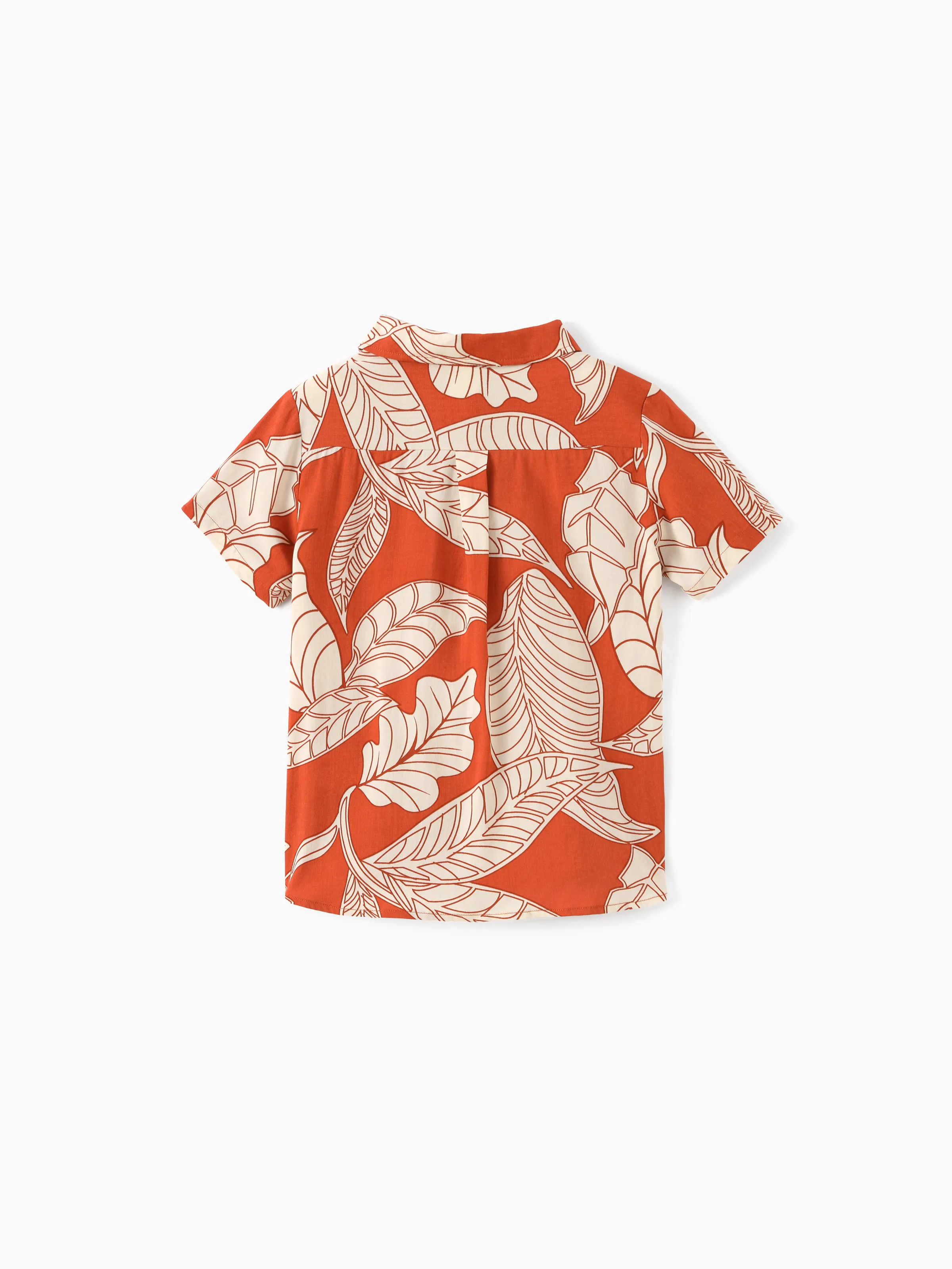 Family Matching Outfits Coral Leaf Print Halter Dress or Short-sleeve Shirt Set Summer Vacation Collection Red - Image 18