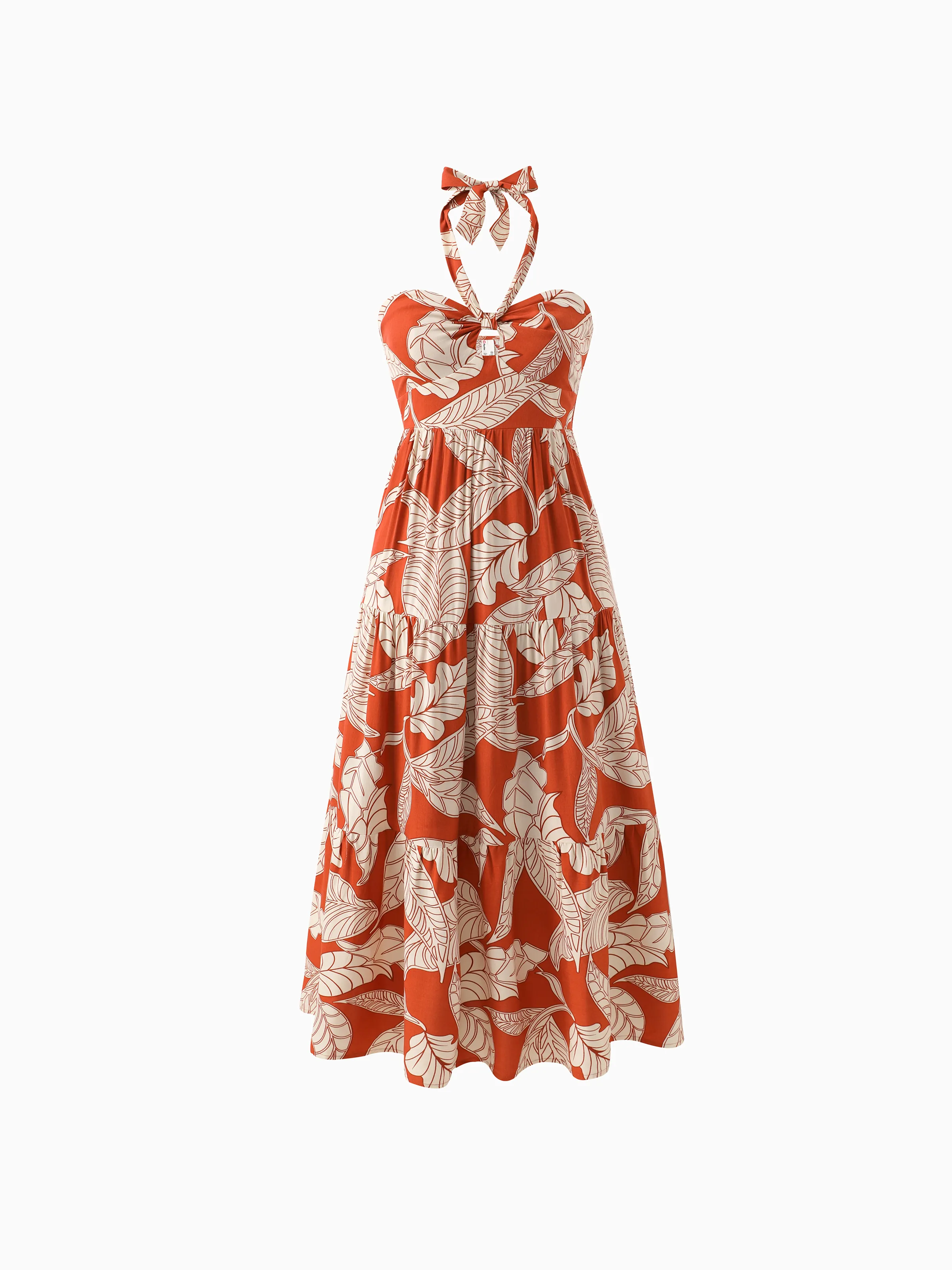 Family Matching Outfits Coral Leaf Print Halter Dress or Short-sleeve Shirt Set Summer Vacation Collection Red - Image 2