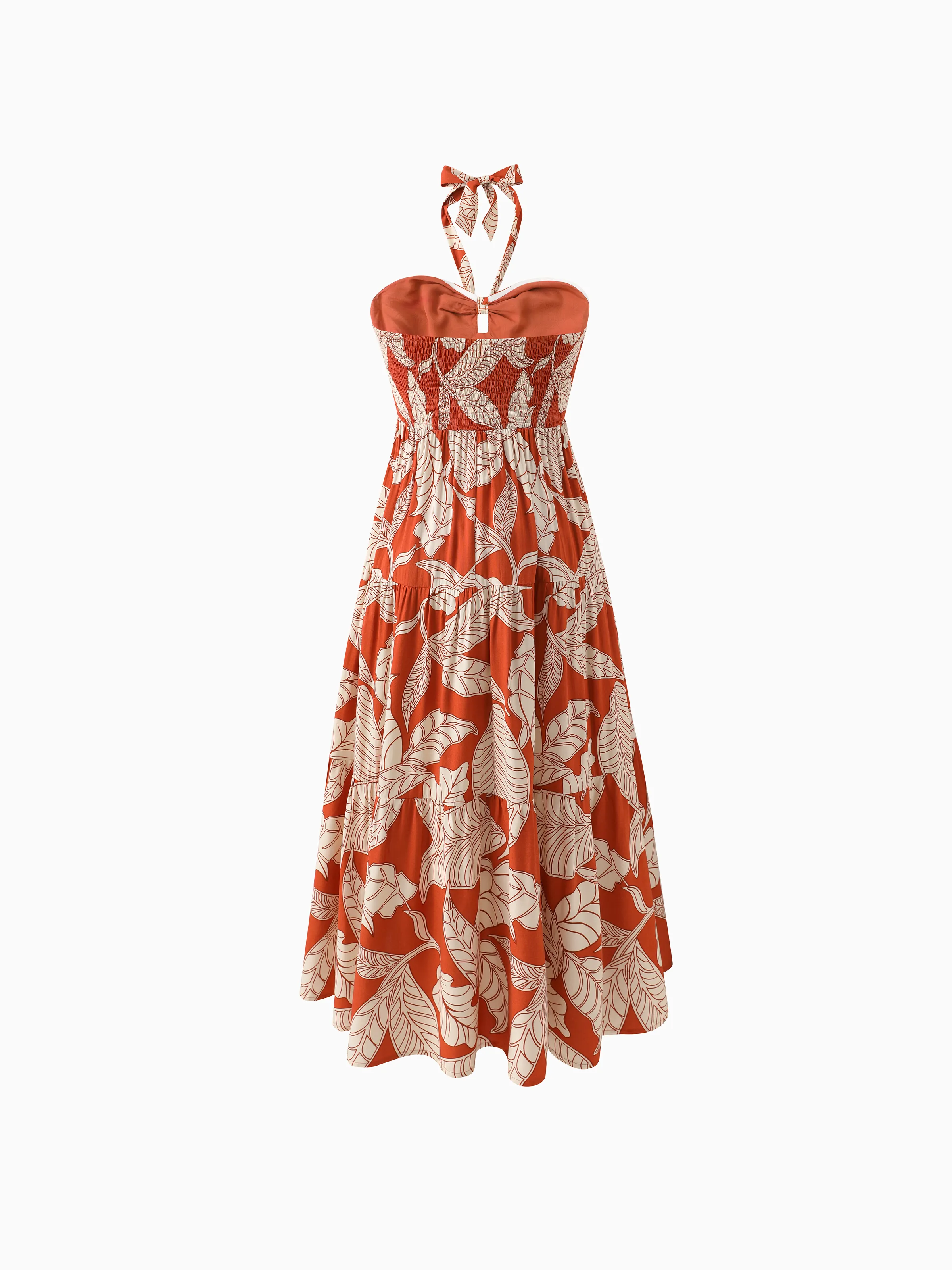 Family Matching Outfits Coral Leaf Print Halter Dress or Short-sleeve Shirt Set Summer Vacation Collection Red - Image 3