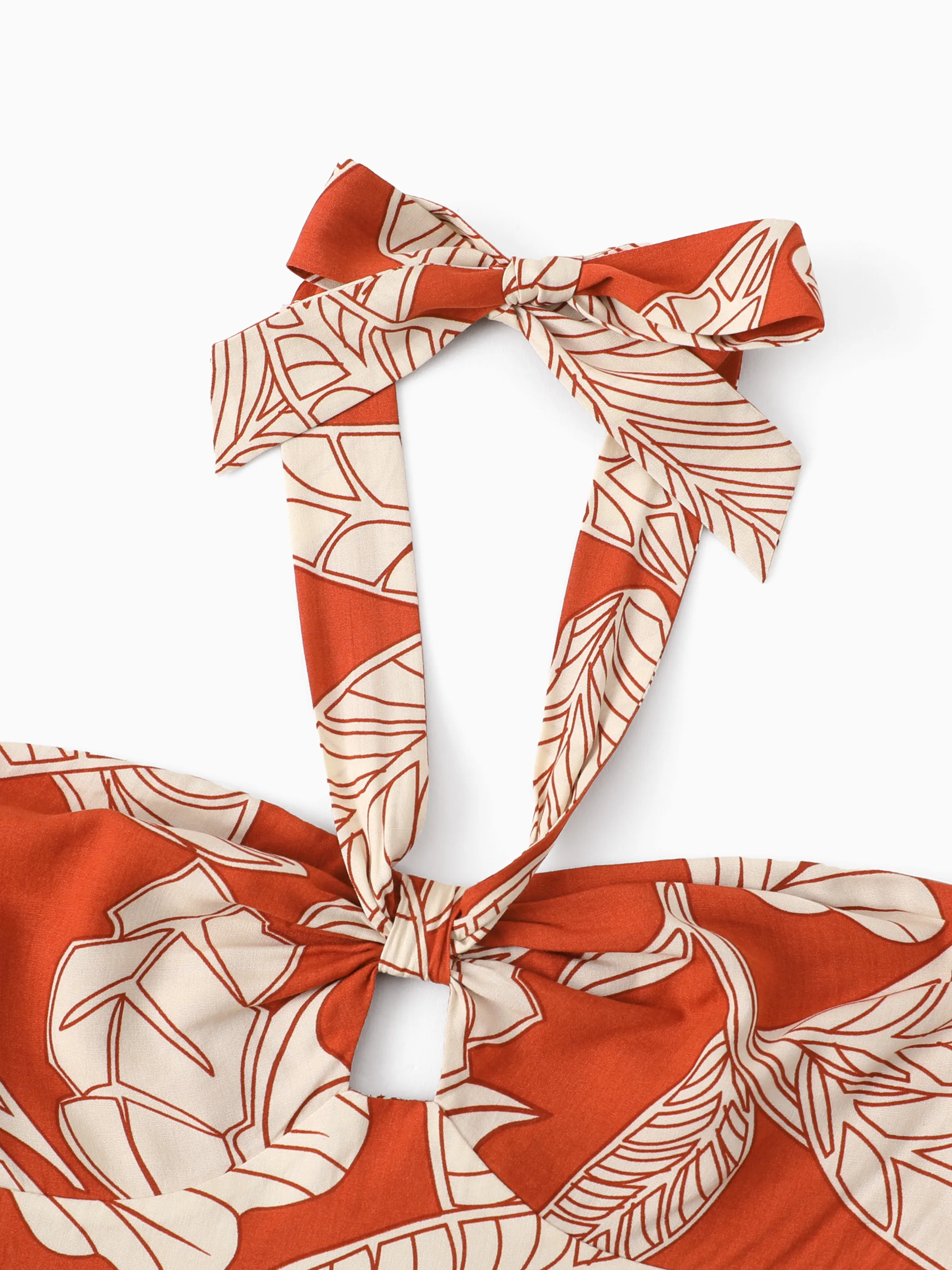 Family Matching Outfits Coral Leaf Print Halter Dress or Short-sleeve Shirt Set Summer Vacation Collection Red - Image 4