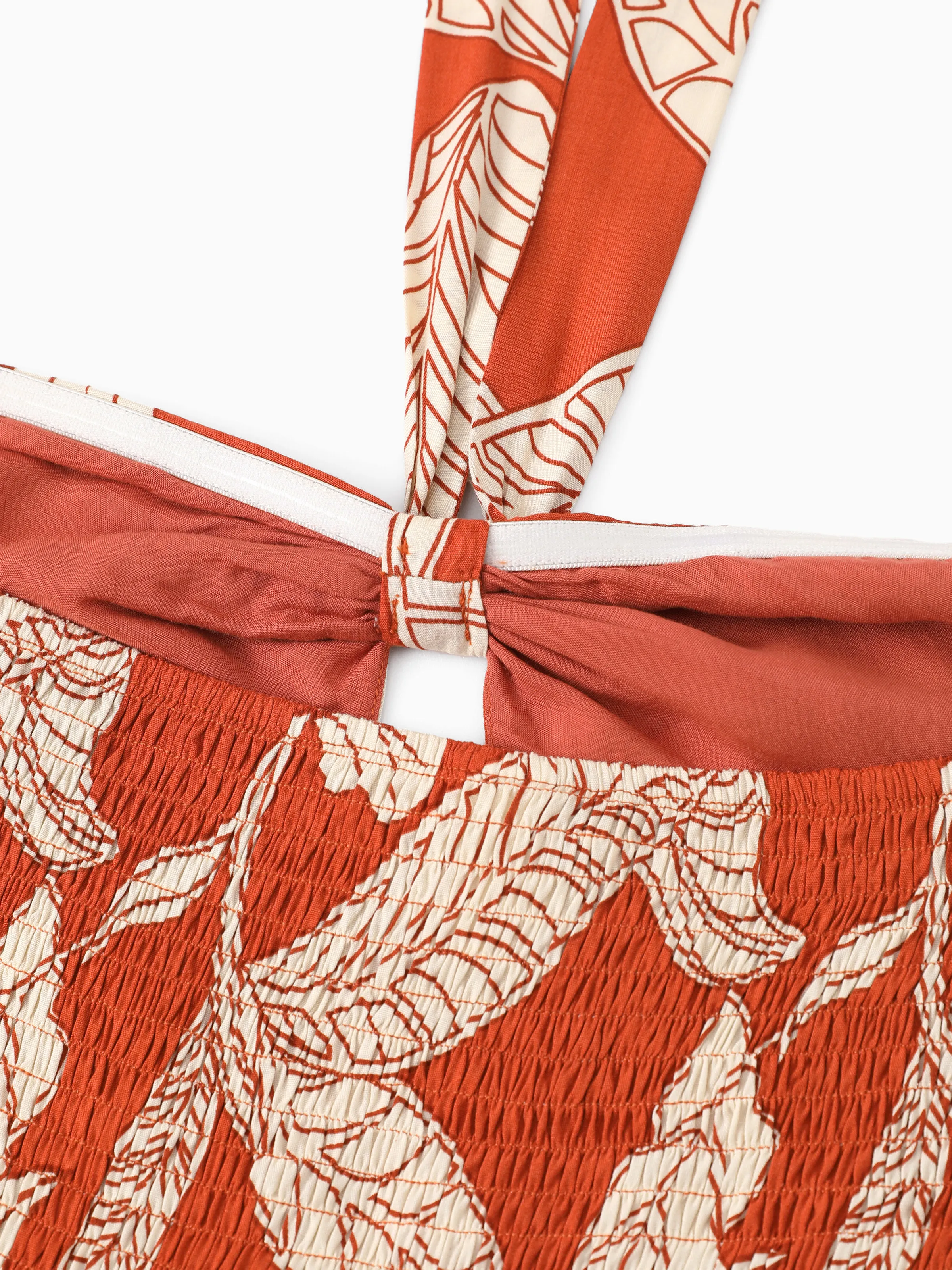Family Matching Outfits Coral Leaf Print Halter Dress or Short-sleeve Shirt Set Summer Vacation Collection Red - Image 6