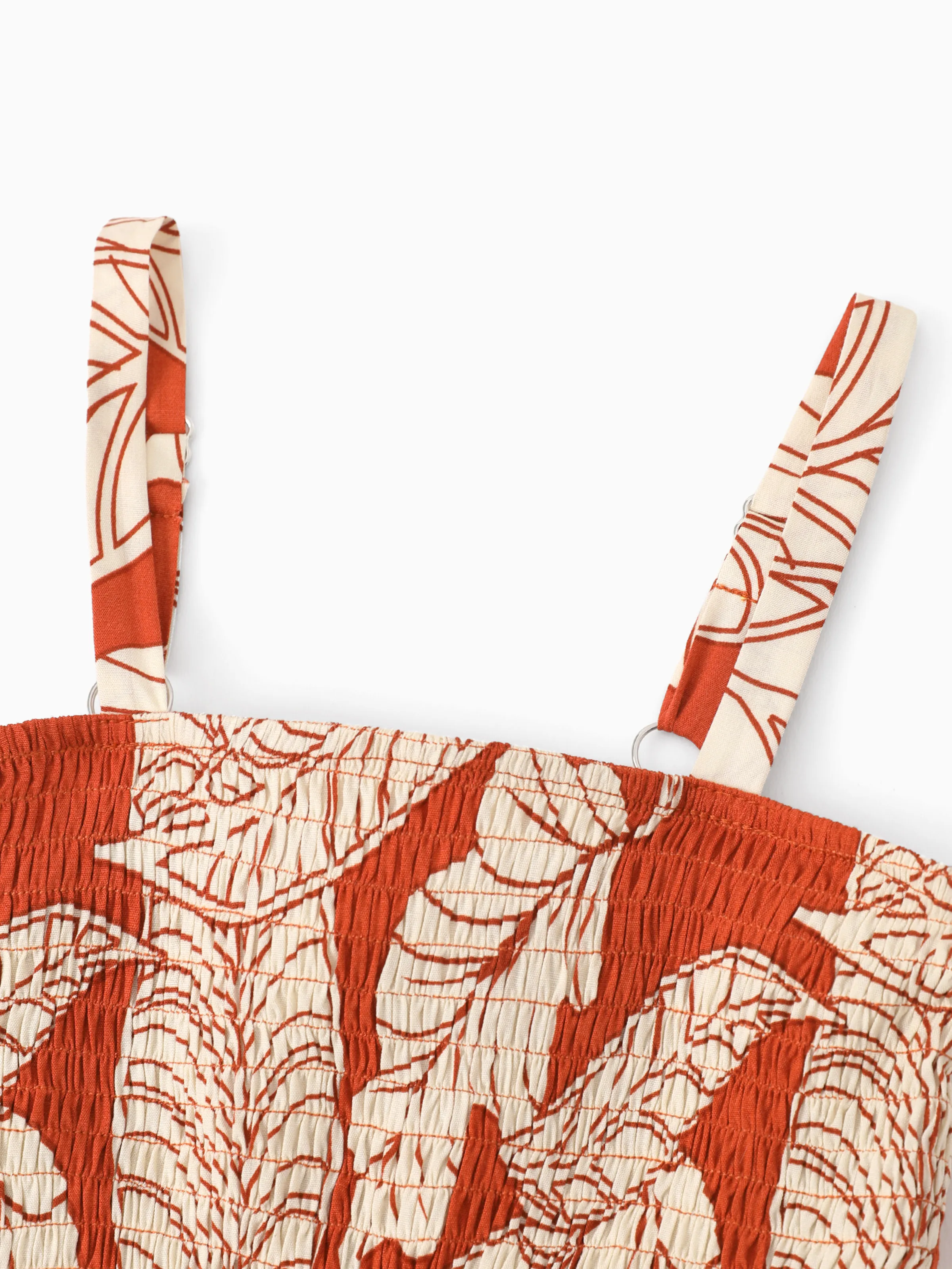 Family Matching Outfits Coral Leaf Print Halter Dress or Short-sleeve Shirt Set Summer Vacation Collection Red - Image 9