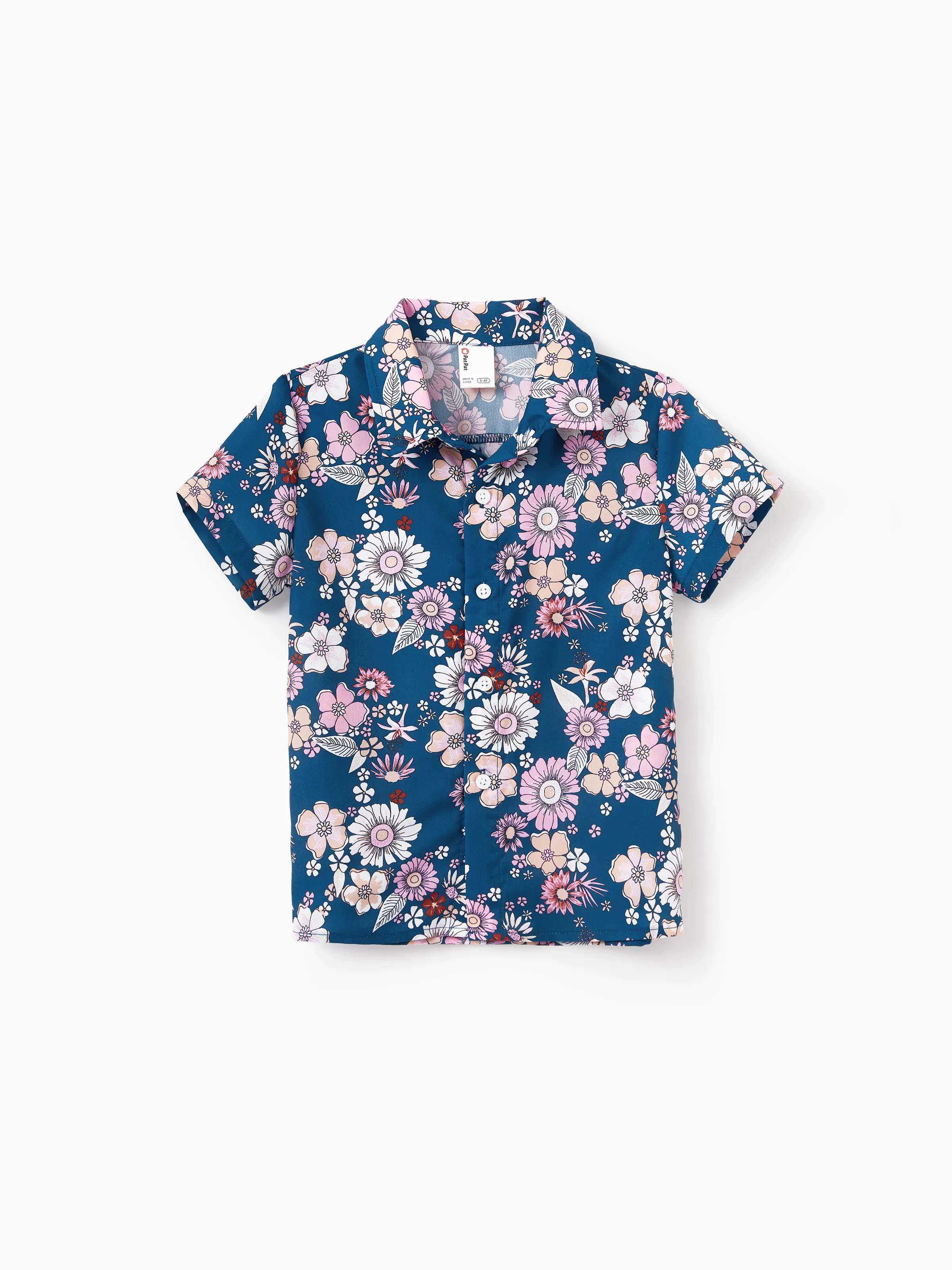 Family matching outfits Floral Allover Print Short-sleeve Collar Shirt or Halter Sleeveless Dress for Summer Vacation  CYAN- - Image 12