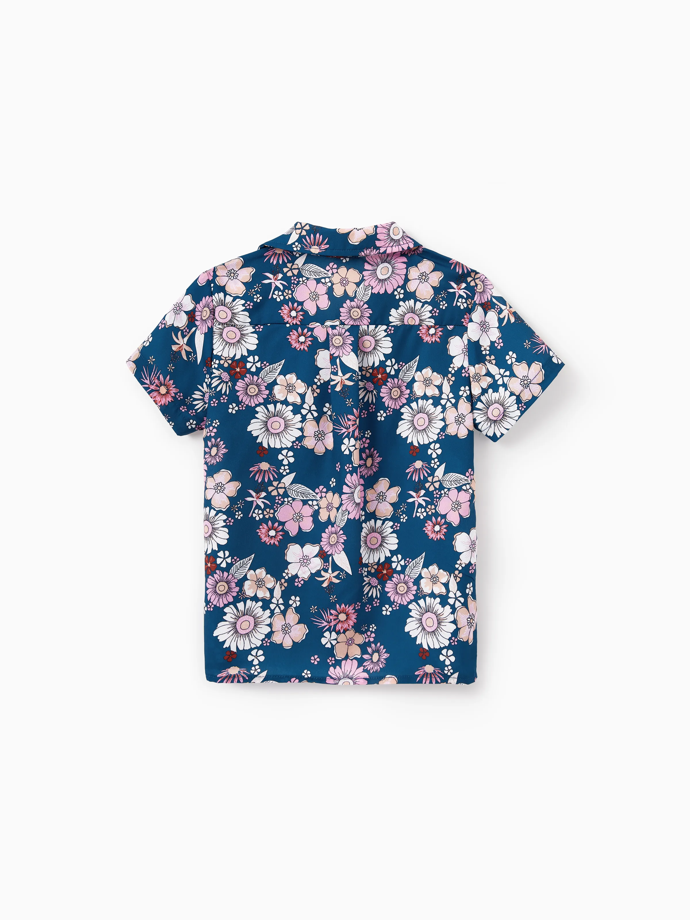 Family matching outfits Floral Allover Print Short-sleeve Collar Shirt or Halter Sleeveless Dress for Summer Vacation  CYAN- - Image 13