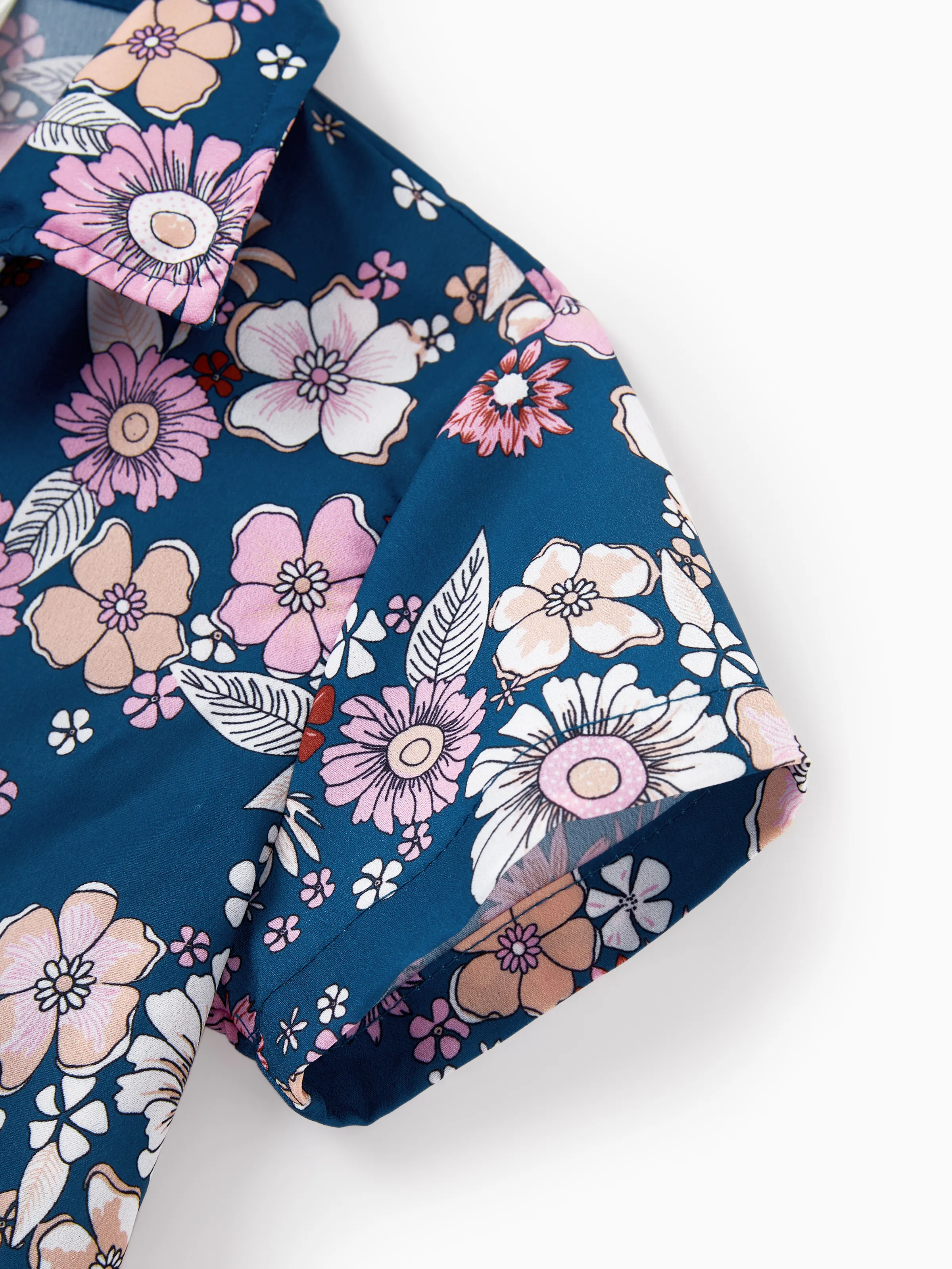 Family matching outfits Floral Allover Print Short-sleeve Collar Shirt or Halter Sleeveless Dress for Summer Vacation  CYAN- - Image 14