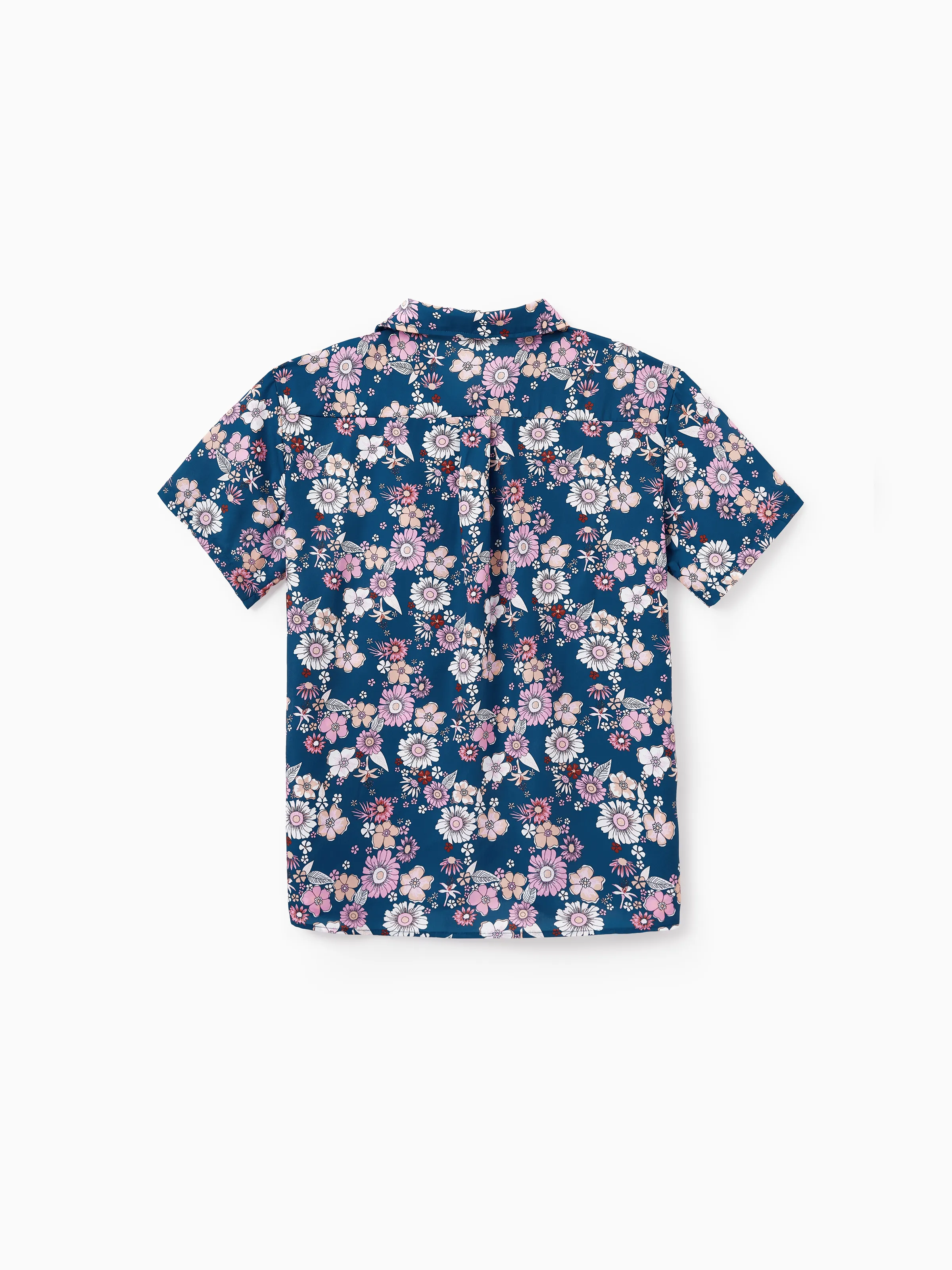 Family matching outfits Floral Allover Print Short-sleeve Collar Shirt or Halter Sleeveless Dress for Summer Vacation  CYAN- - Image 18