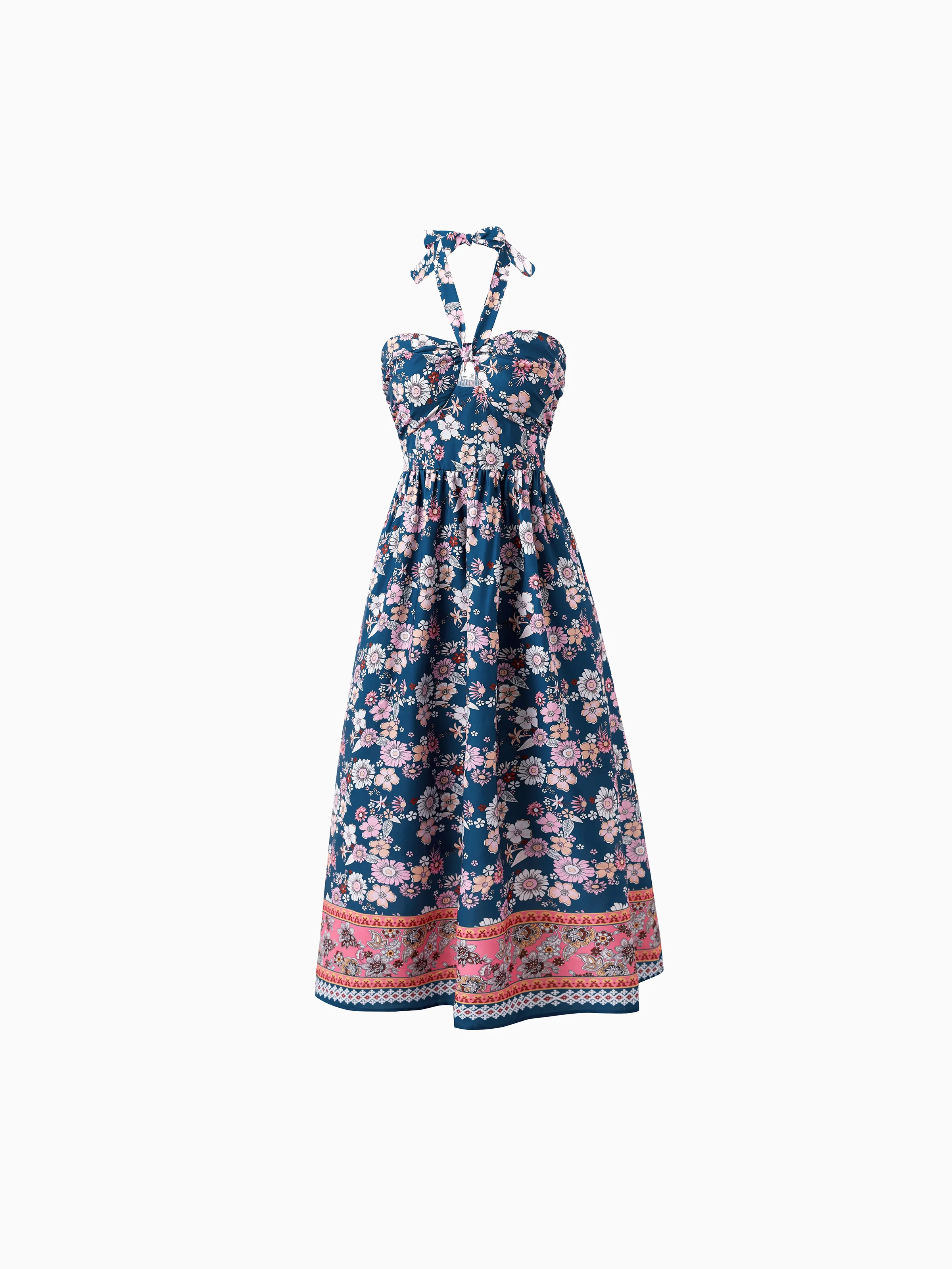 Family matching outfits Floral Allover Print Short-sleeve Collar Shirt or Halter Sleeveless Dress for Summer Vacation  CYAN- - Image 2