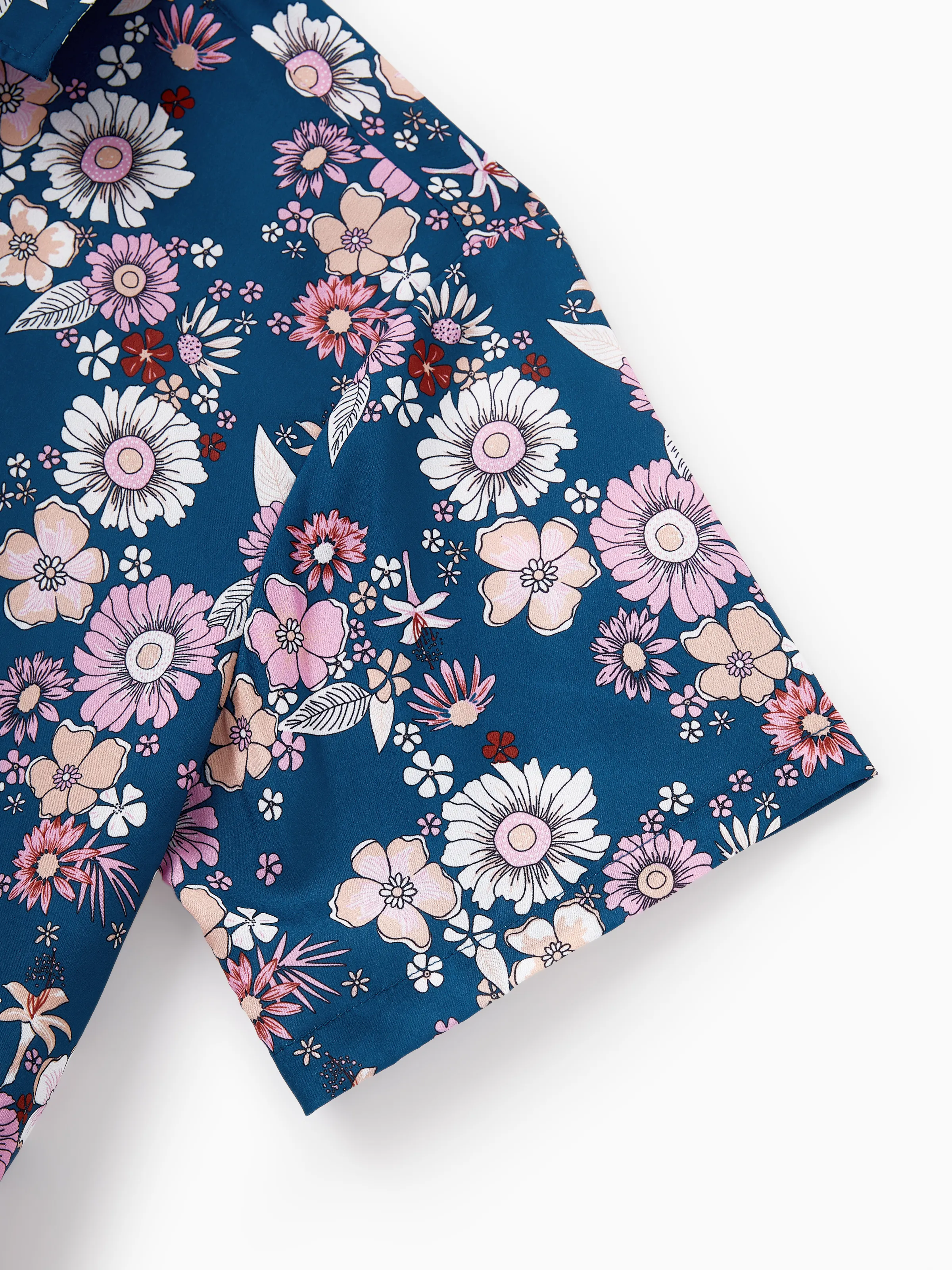 Family matching outfits Floral Allover Print Short-sleeve Collar Shirt or Halter Sleeveless Dress for Summer Vacation  CYAN- - Image 20