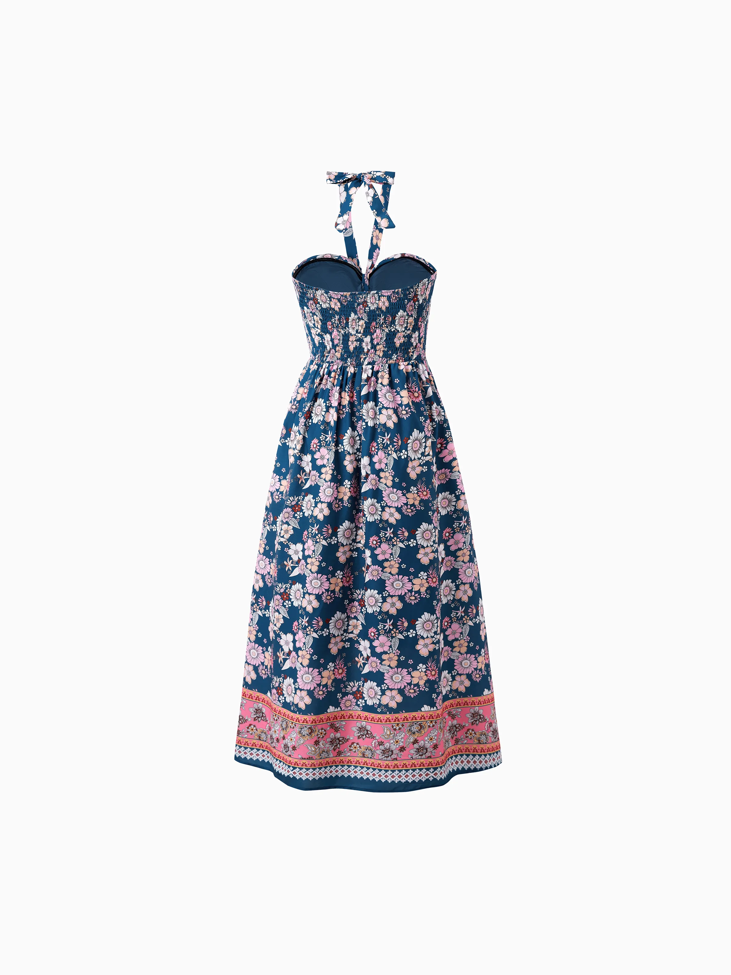 Family matching outfits Floral Allover Print Short-sleeve Collar Shirt or Halter Sleeveless Dress for Summer Vacation  CYAN- - Image 3