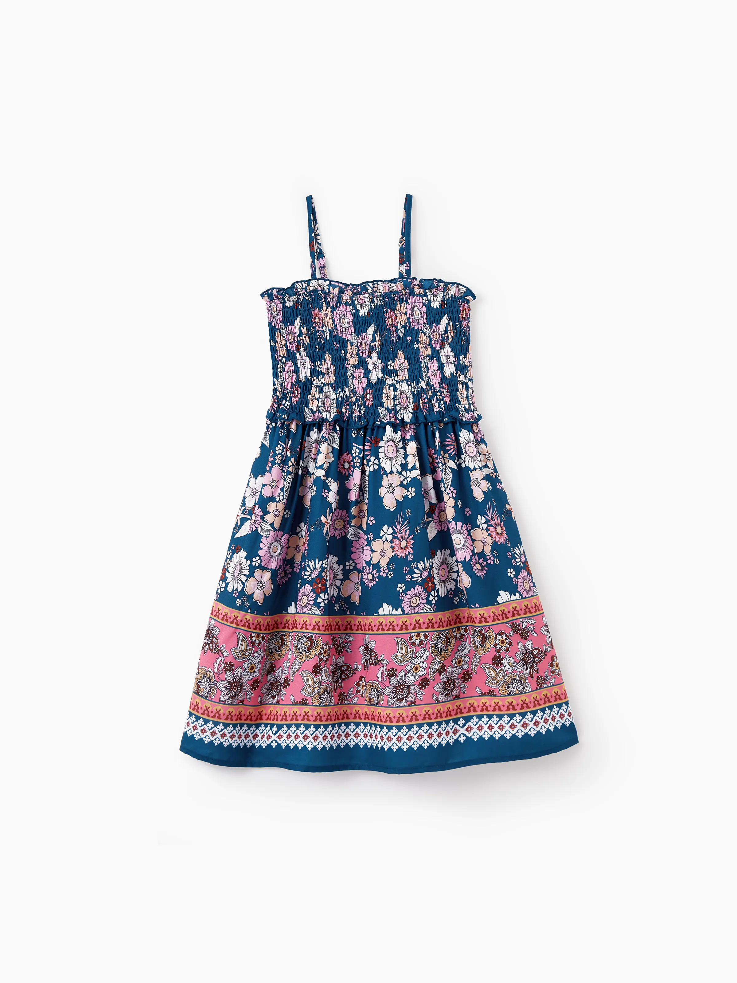 Family matching outfits Floral Allover Print Short-sleeve Collar Shirt or Halter Sleeveless Dress for Summer Vacation  CYAN- - Image 7