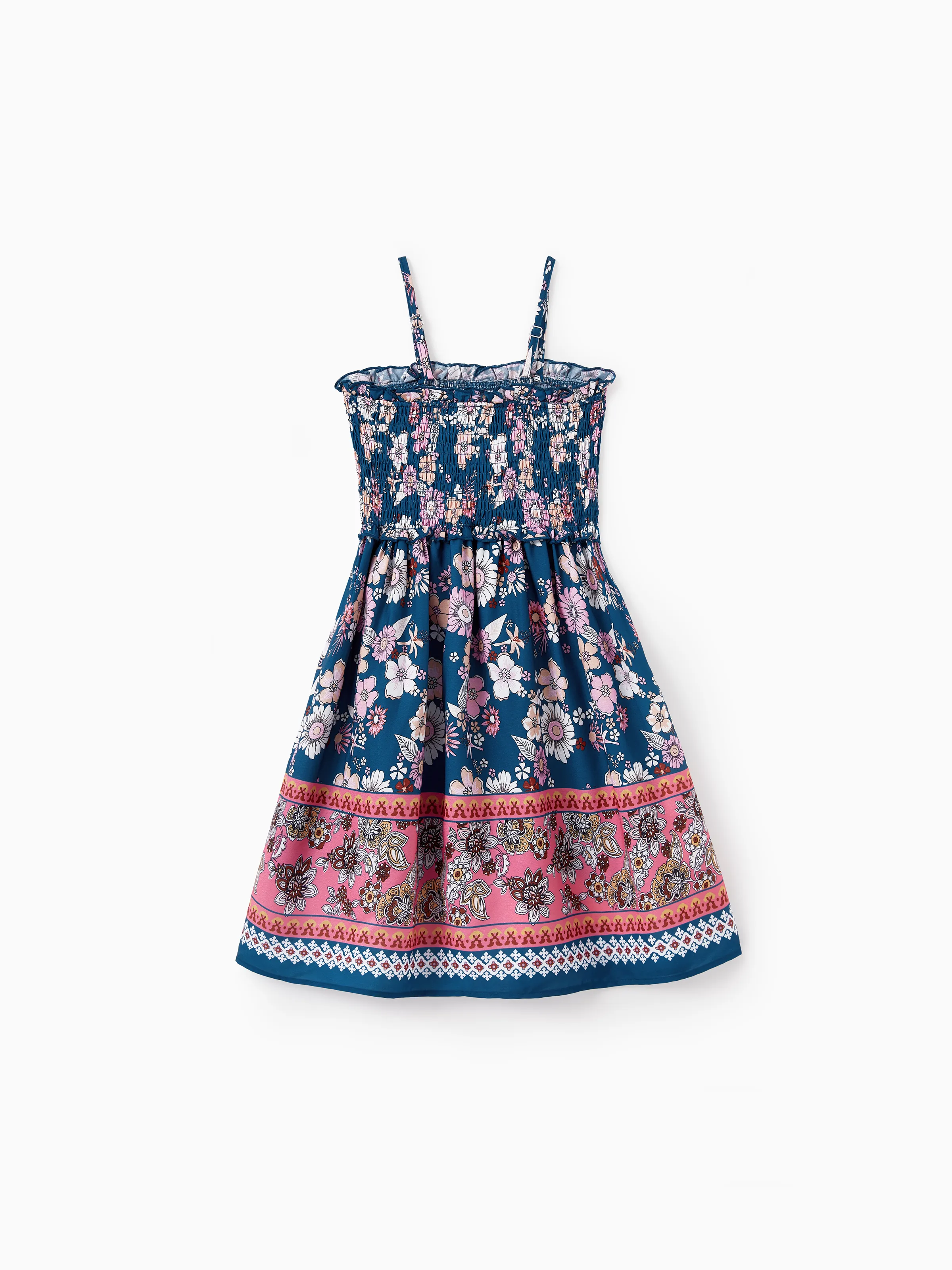 Family matching outfits Floral Allover Print Short-sleeve Collar Shirt or Halter Sleeveless Dress for Summer Vacation  CYAN- - Image 8