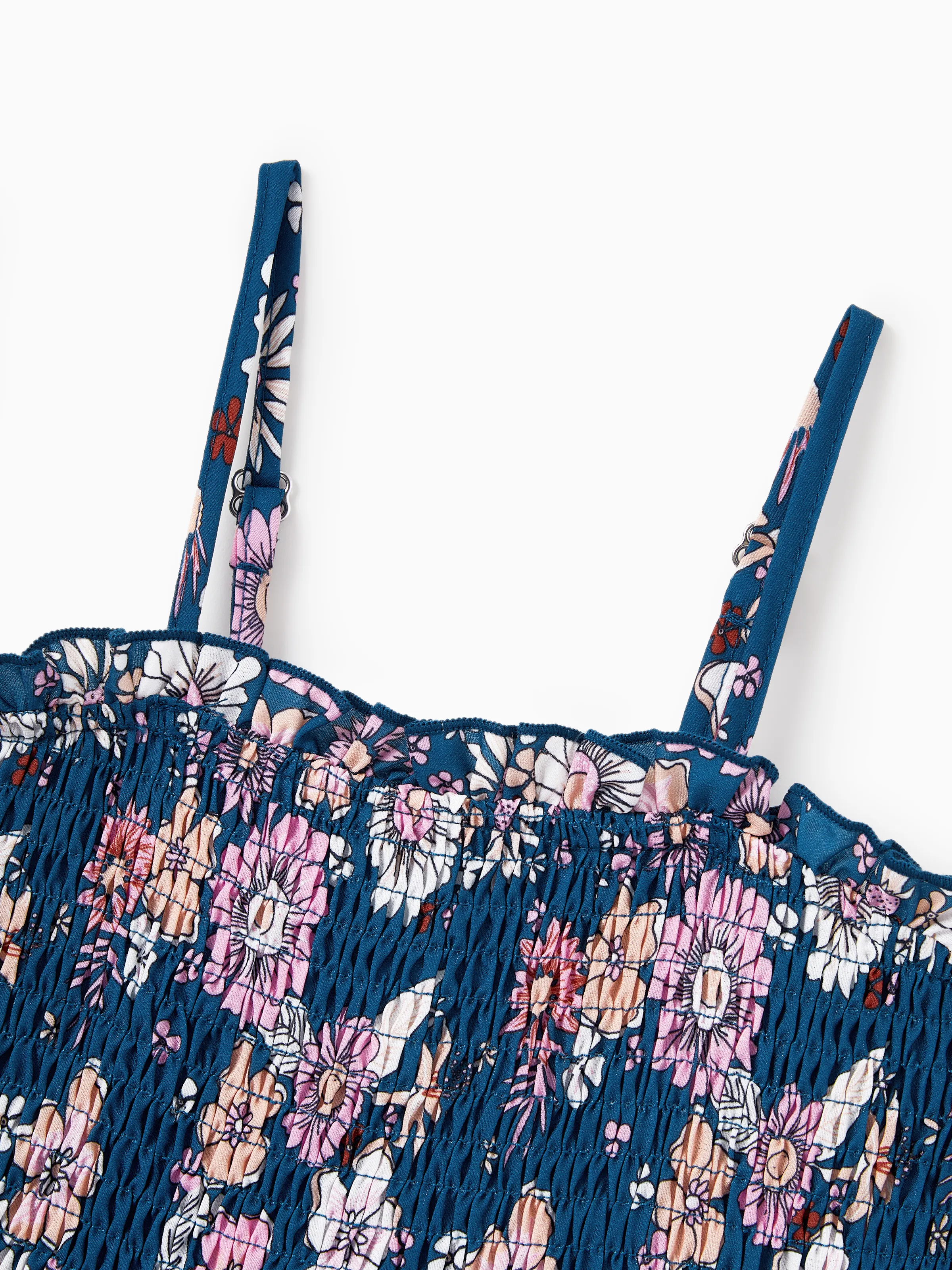 Family matching outfits Floral Allover Print Short-sleeve Collar Shirt or Halter Sleeveless Dress for Summer Vacation  CYAN- - Image 9