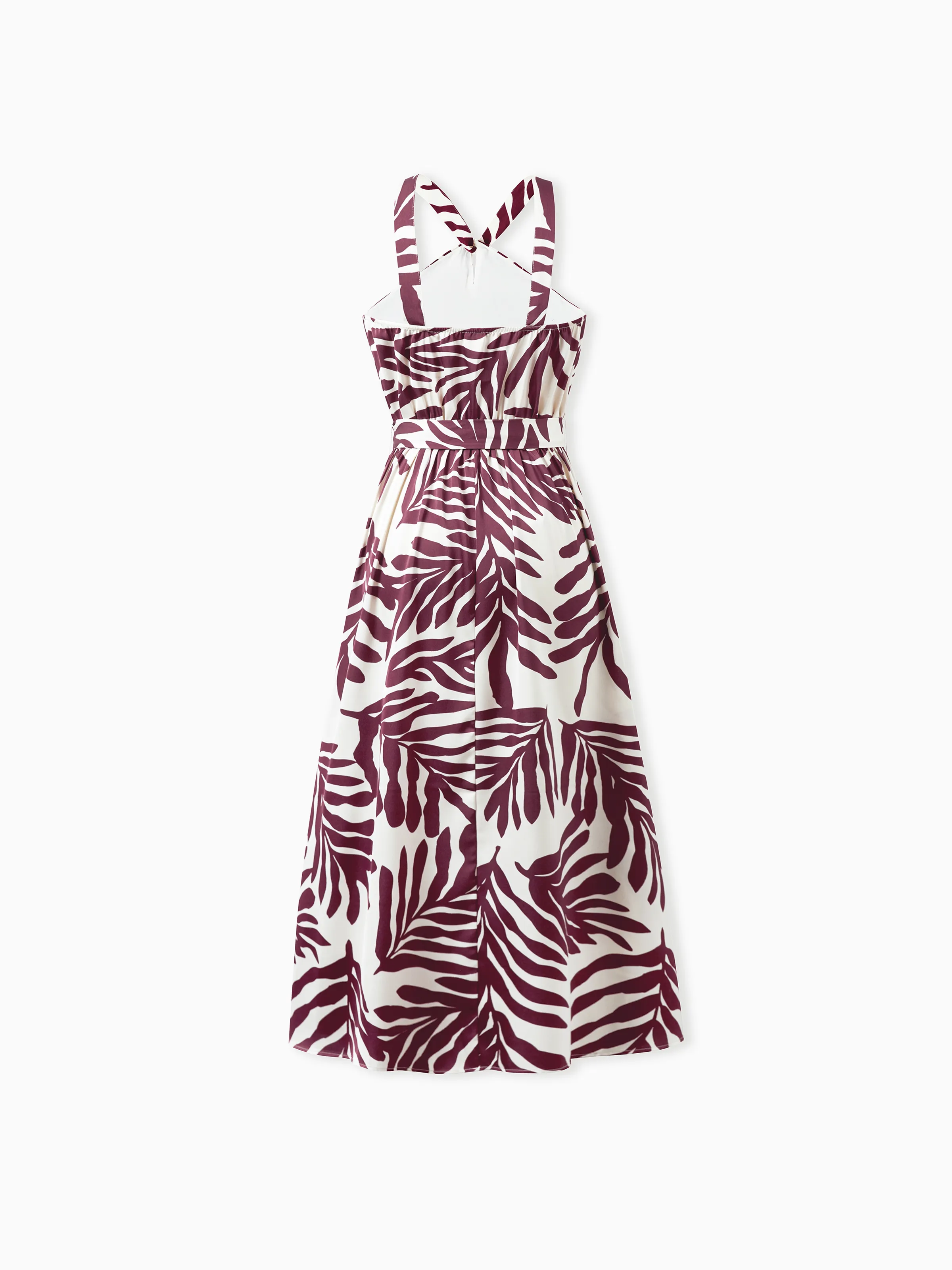 Family Matching Outfits Red Leaf Print Shirts and Strap Belted Dress for Hawaii/Cruise/Resort/Casual Wear White - Image 3