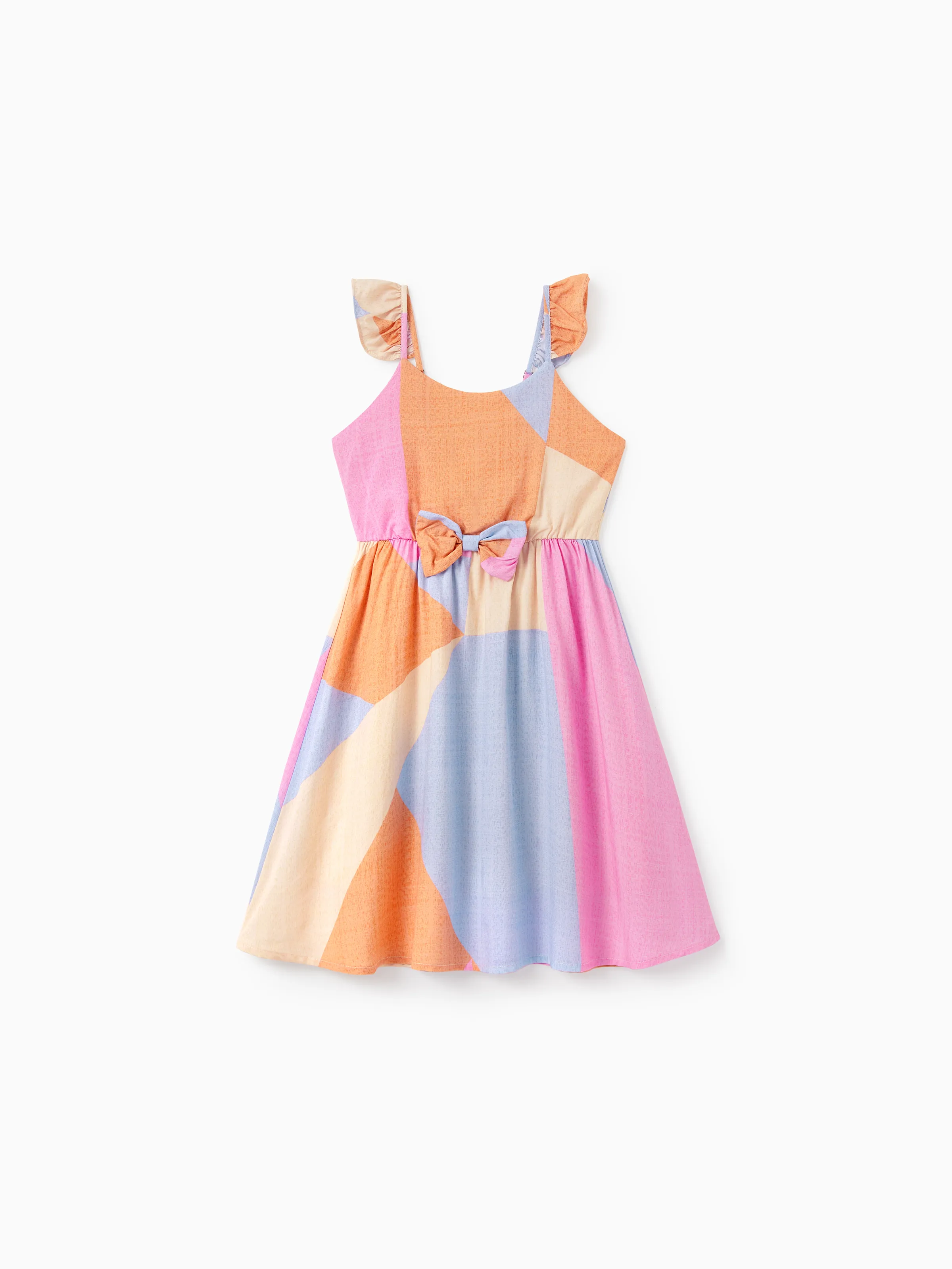 Family Matching Outfits Set Colorblock Sleeveless Strappy Dress or Short-sleeve T-shirt Multi-color - Image 12