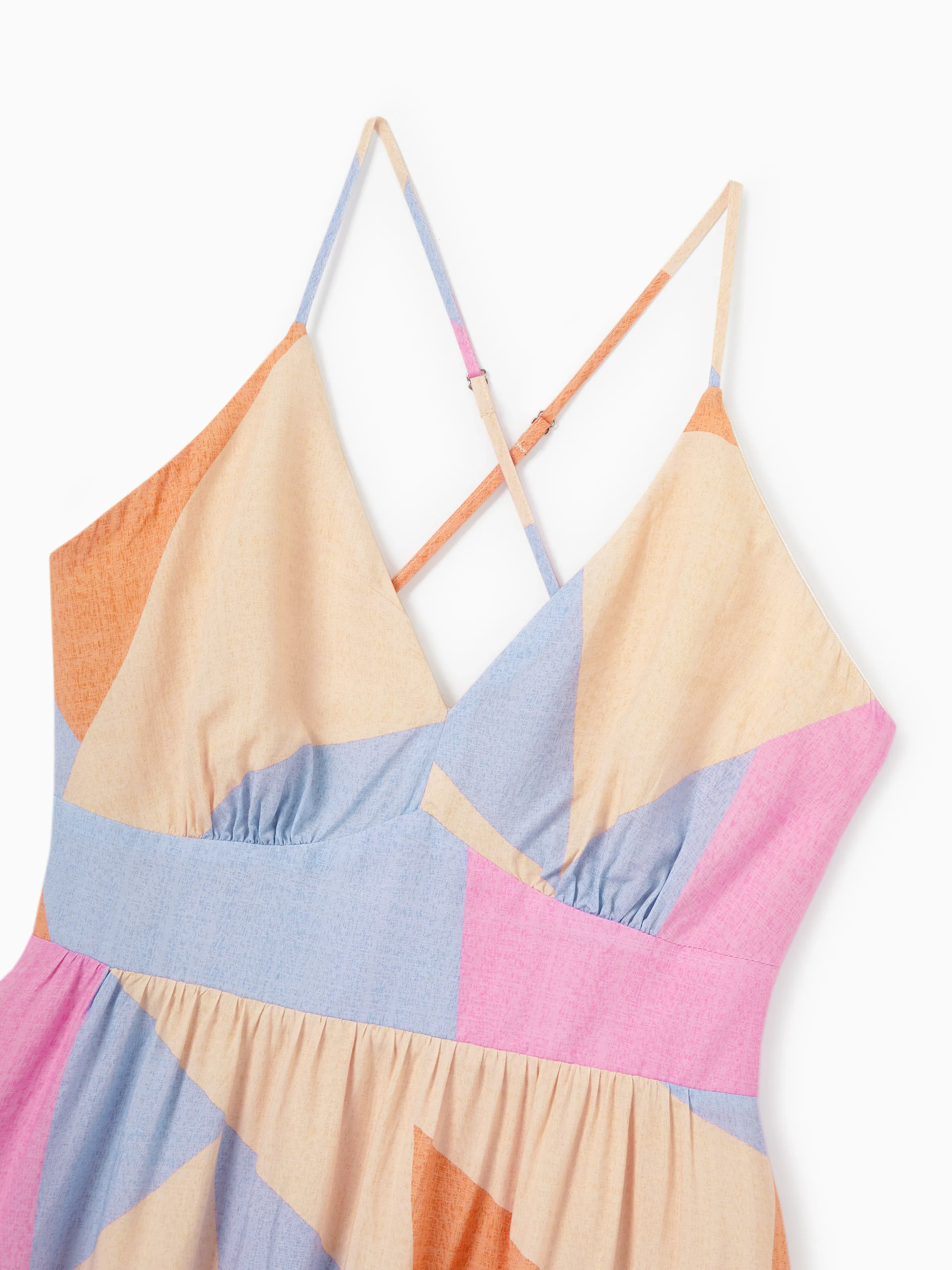 Family Matching Outfits Set Colorblock Sleeveless Strappy Dress or Short-sleeve T-shirt Multi-color - Image 7