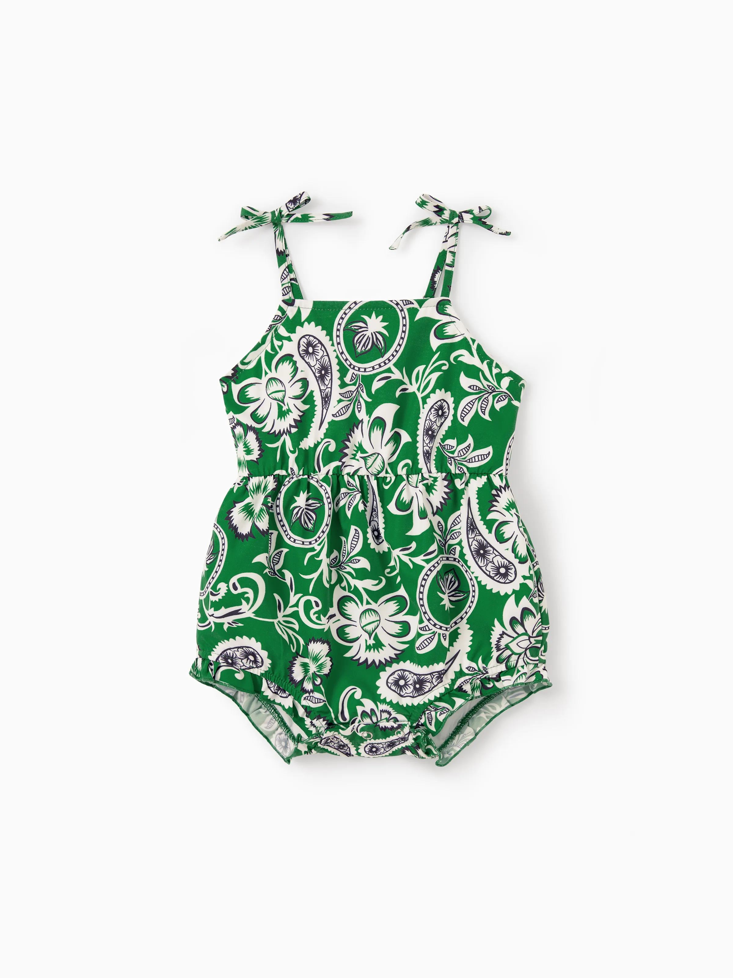 Family Matching Outfits Set Floral Print Short-sleeve Collar Shirt or Strappy Smocked  Dress for Summer Vacation  Green - Image 17