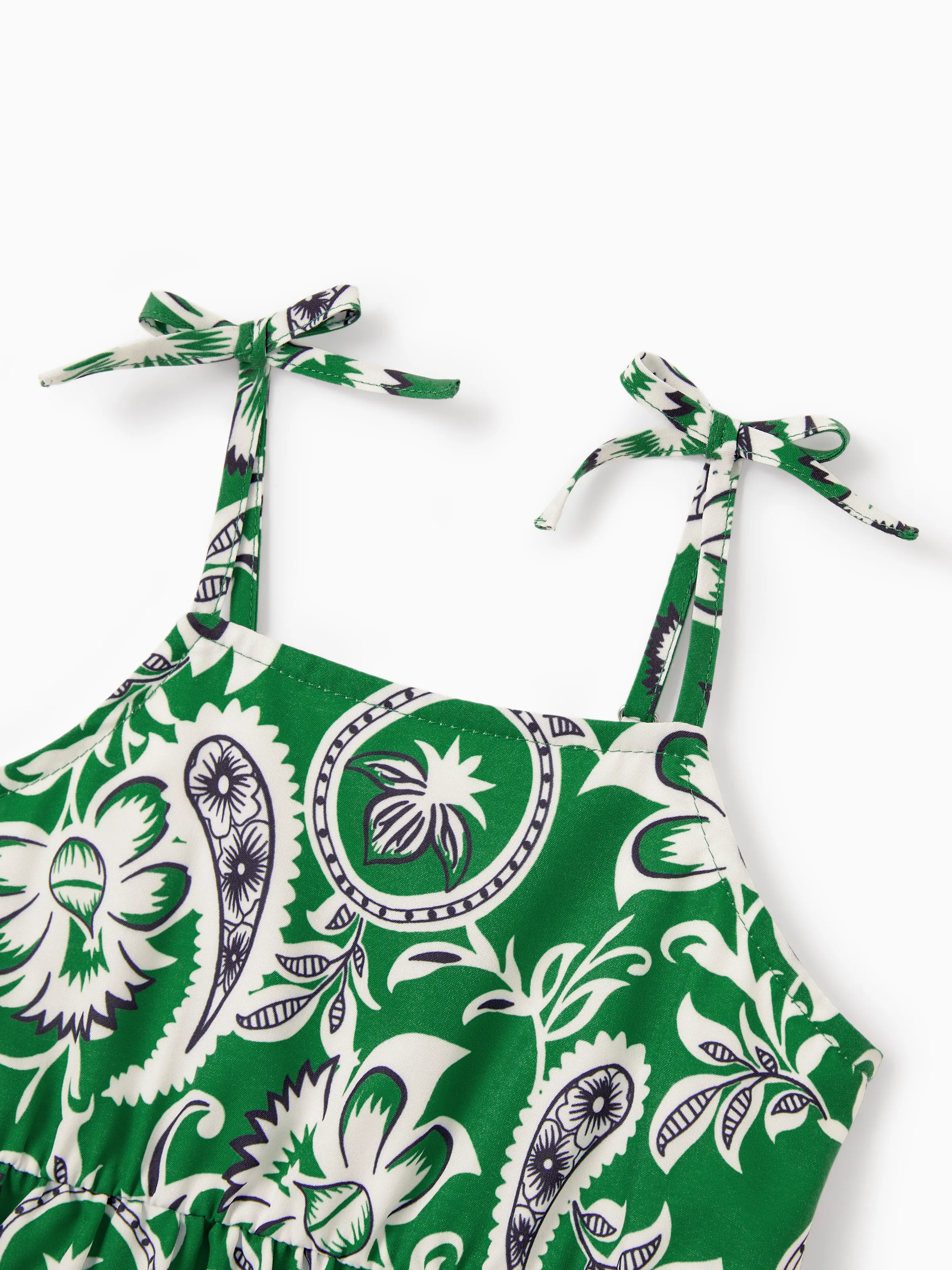 Family Matching Outfits Set Floral Print Short-sleeve Collar Shirt or Strappy Smocked  Dress for Summer Vacation  Green - Image 19