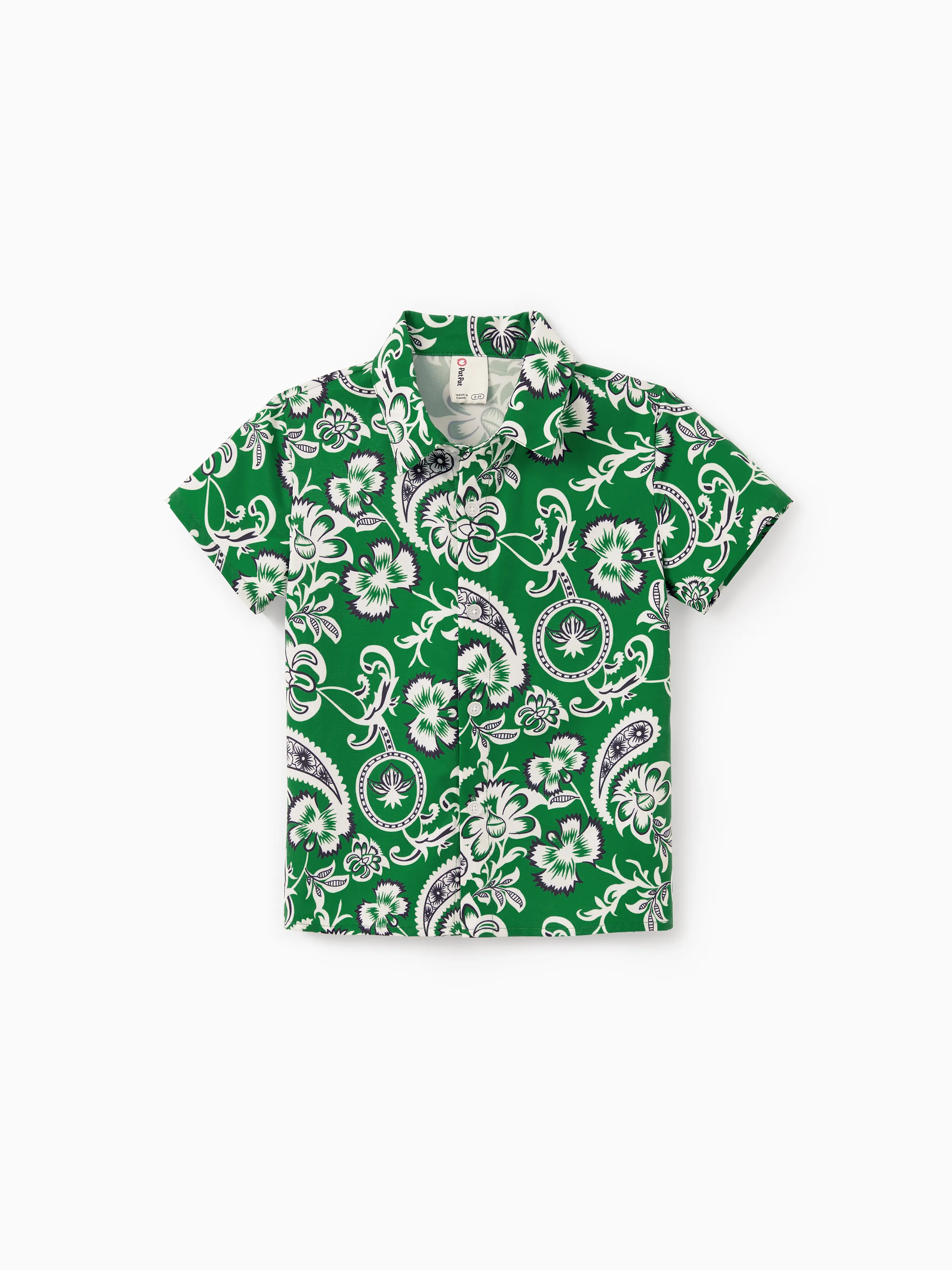 Family Matching Outfits Set Floral Print Short-sleeve Collar Shirt or Strappy Smocked  Dress for Summer Vacation  Green - Image 24