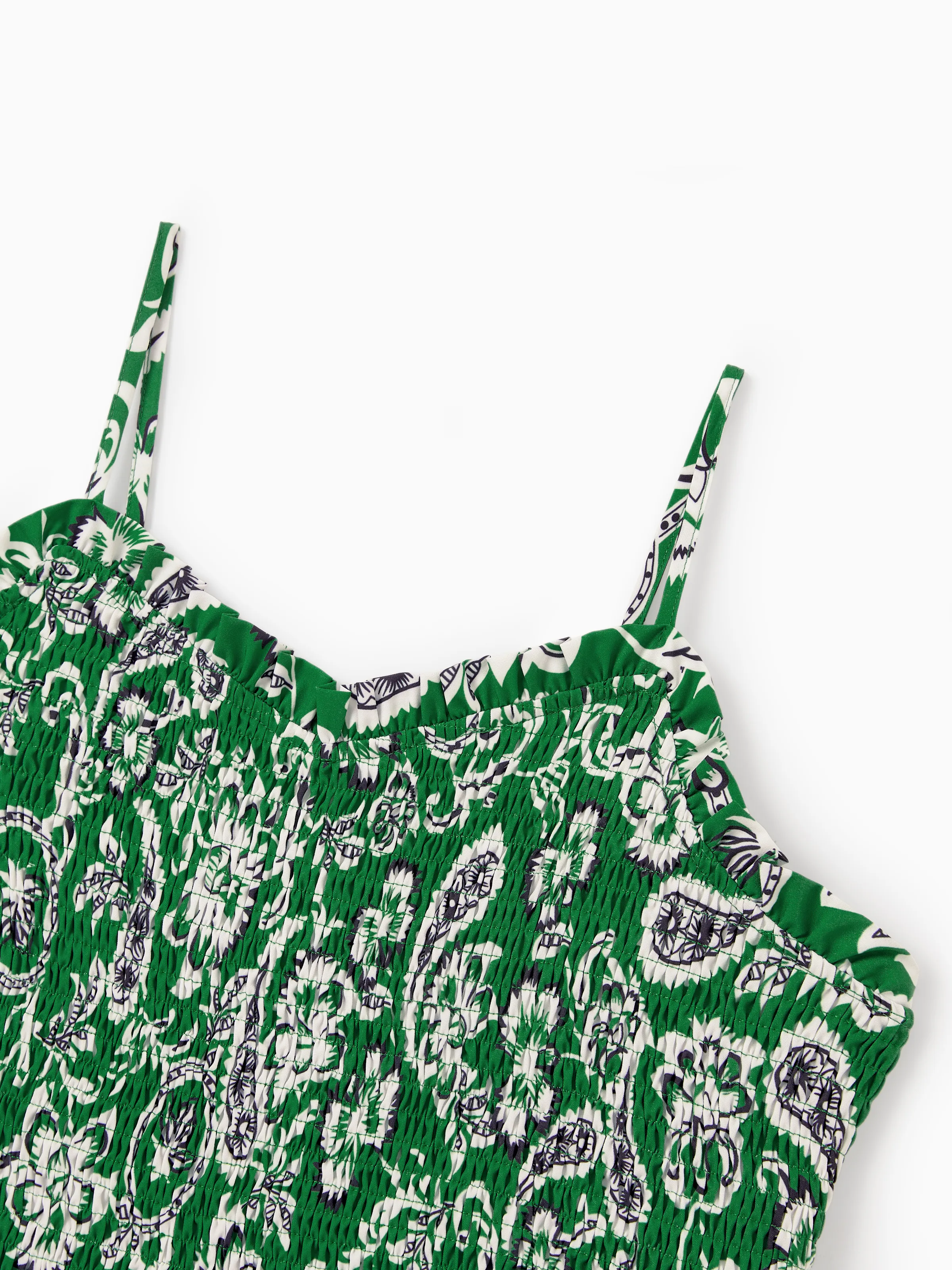 Family Matching Outfits Set Floral Print Short-sleeve Collar Shirt or Strappy Smocked  Dress for Summer Vacation  Green - Image 7
