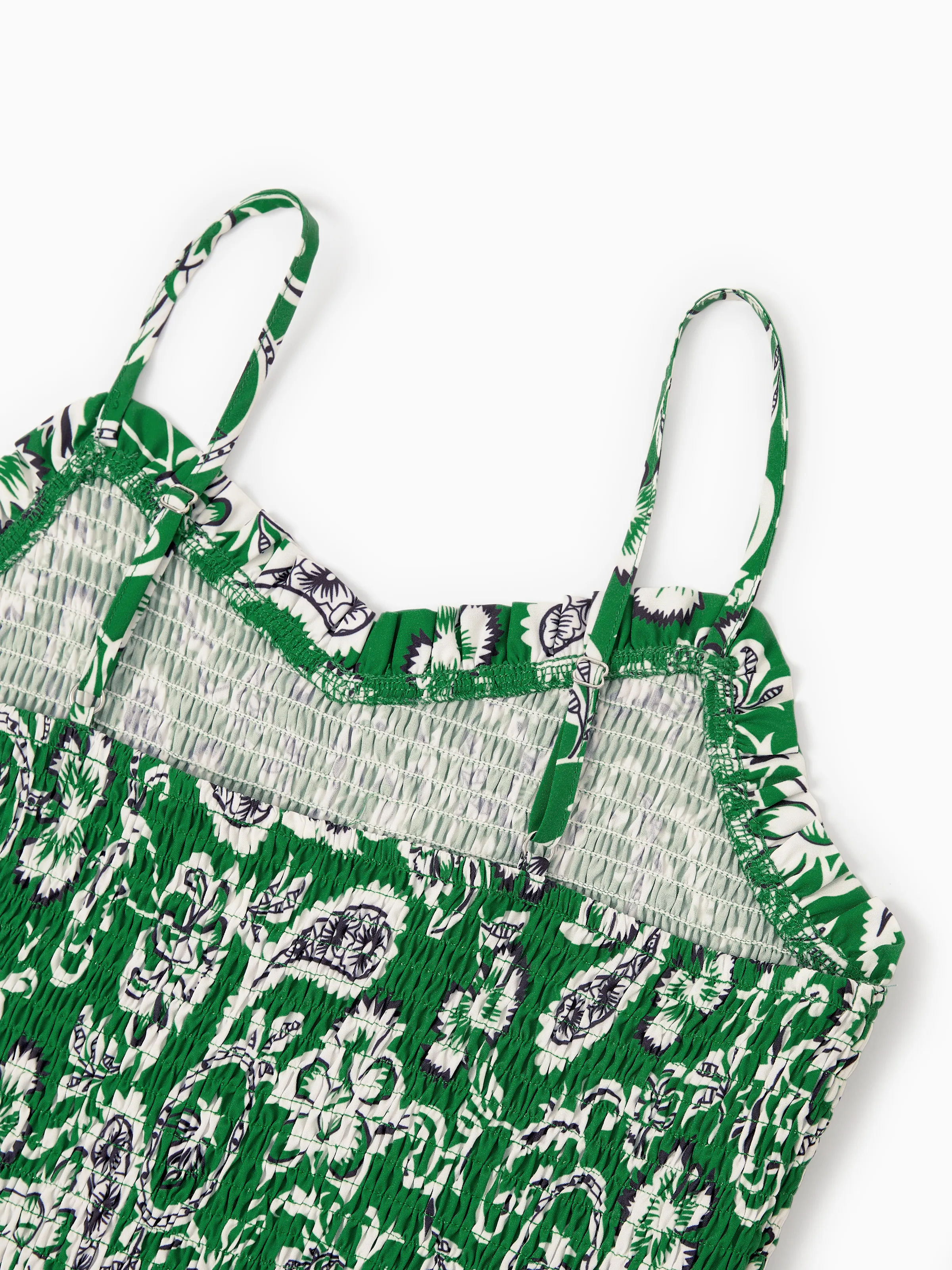 Family Matching Outfits Set Floral Print Short-sleeve Collar Shirt or Strappy Smocked  Dress for Summer Vacation  Green - Image 8