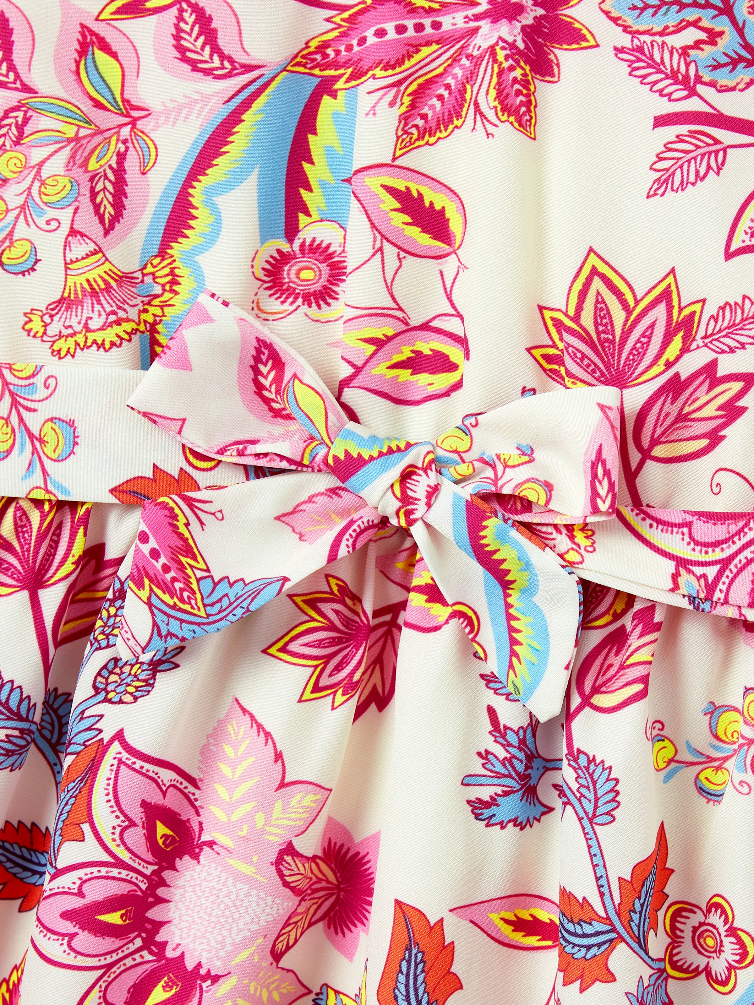 Family Matching Outfits Set Tropical Flora Print Short-sleeve Collar Shirt or Halter Belted Dress for Summer Vacation Beige - Image 11