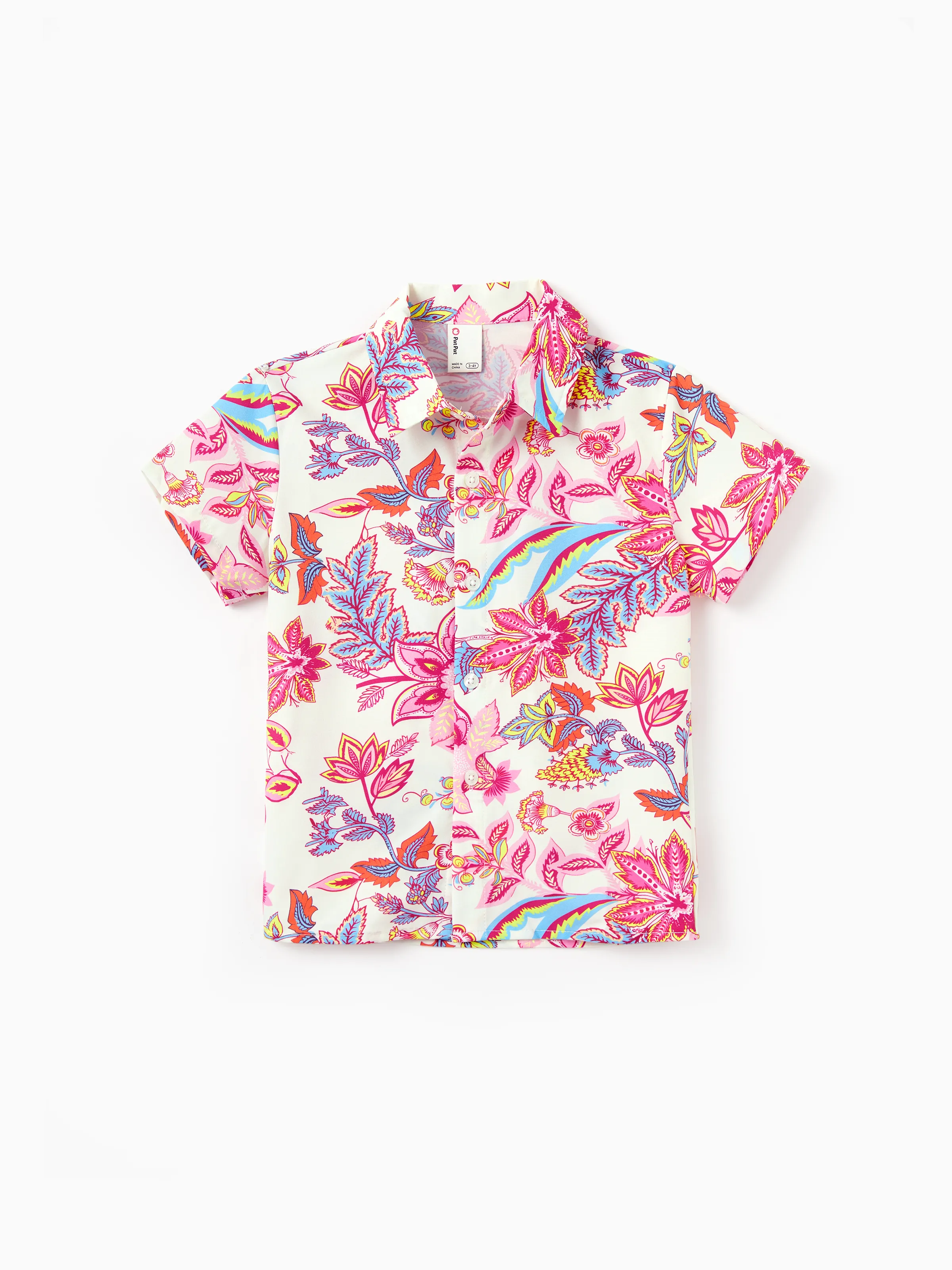 Family Matching Outfits Set Tropical Flora Print Short-sleeve Collar Shirt or Halter Belted Dress for Summer Vacation Beige - Image 17