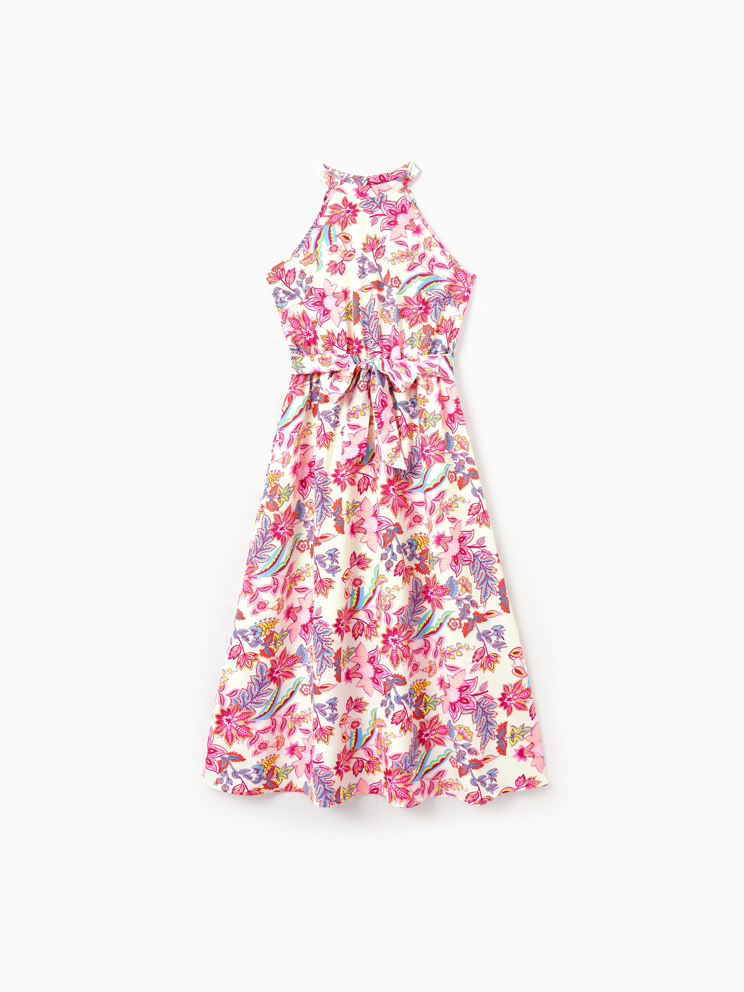 Family Matching Outfits Set Tropical Flora Print Short-sleeve Collar Shirt or Halter Belted Dress for Summer Vacation Beige - Image 2